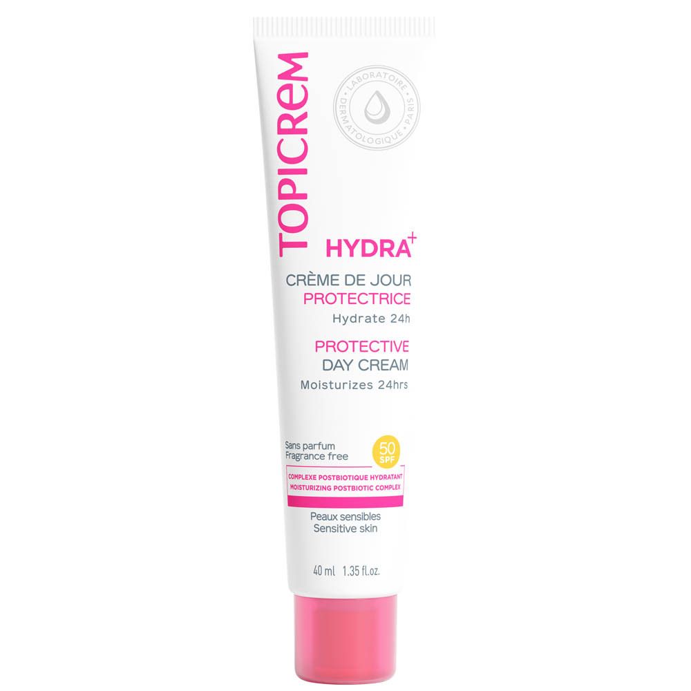 Weiße Tube mit rosa Kappe. Aufschrift TOPICREM, HYDRA+, SPF 50. Text: Crème de jour protectrice, Protective Day Cream. 40 ml.
