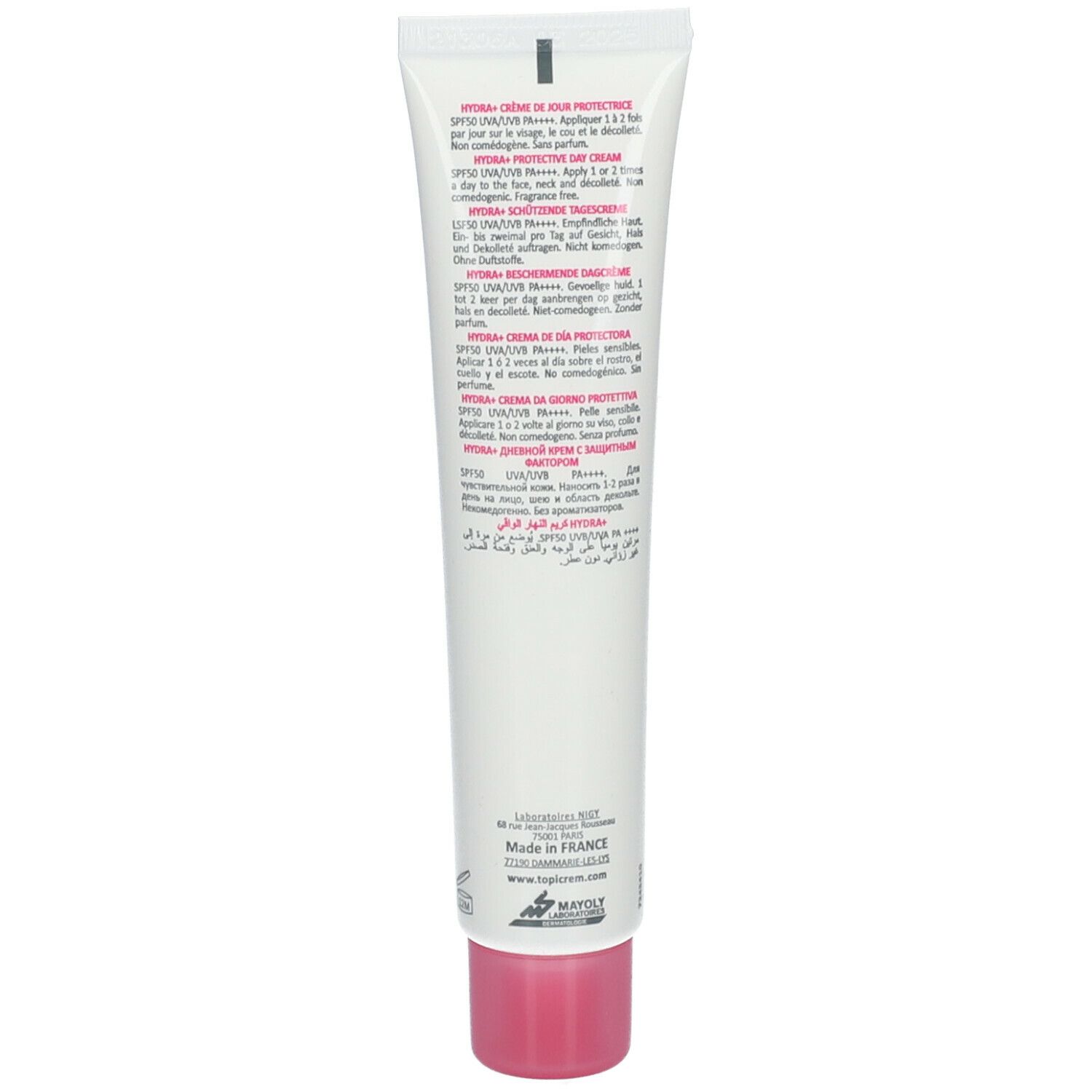 Dos du tube TOPICREM HYDRA+. Texte multilingue. Fabriqué en France. Logo MAYOLY.