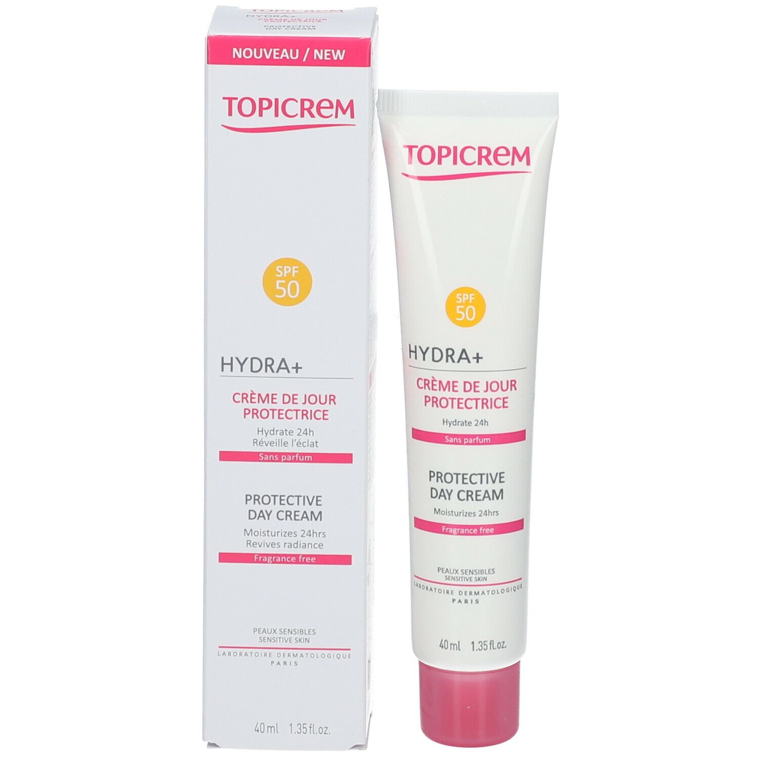 TOPICREM HYDRA+ crème et emballage. Tube et boîte blancs avec accents roses. SPF 50. Texte: Crème de jour protectrice.