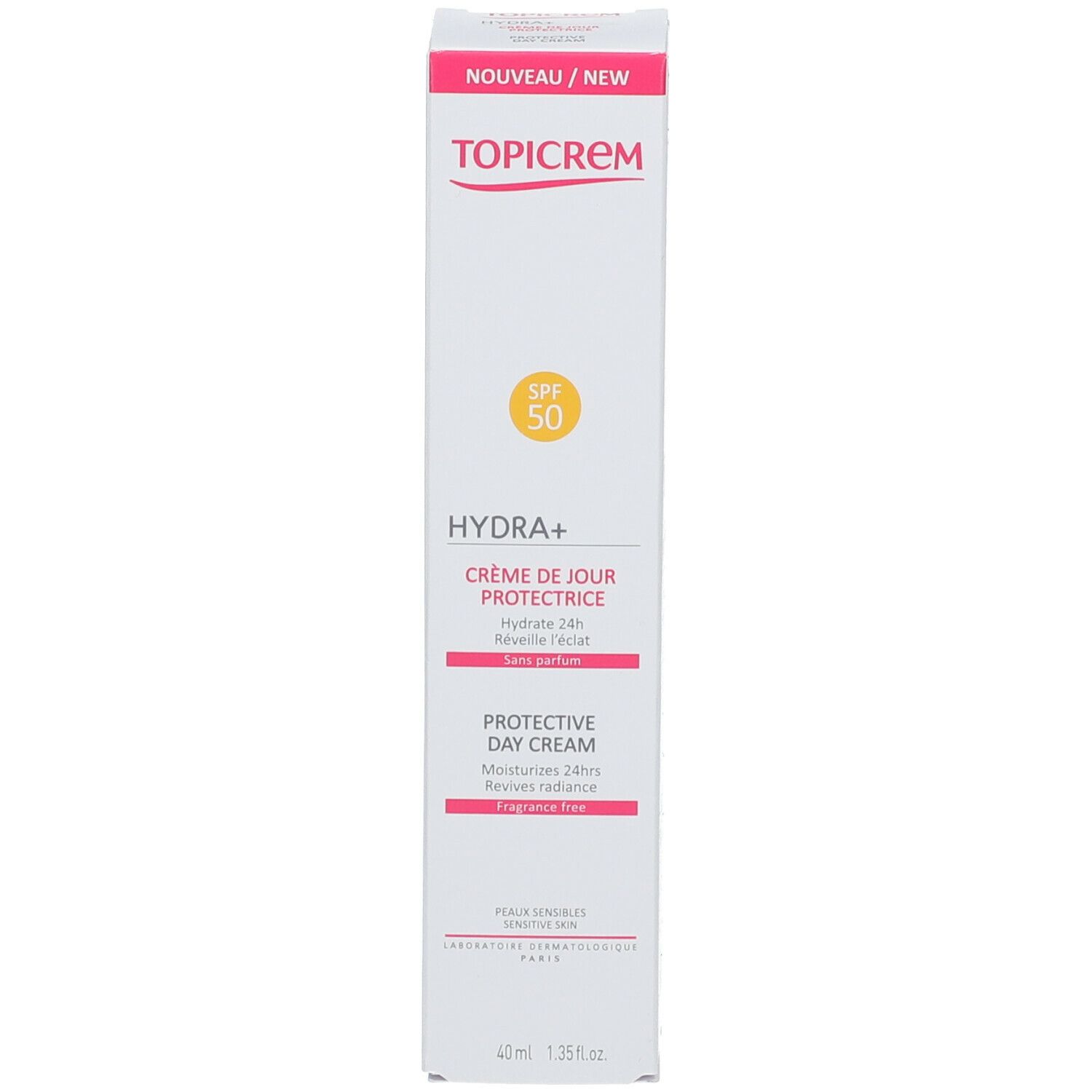 Emballage TOPICREM HYDRA+. Boîte blanche avec accents roses. Texte: Crème de jour protectrice, Protective Day Cream. SPF 50.