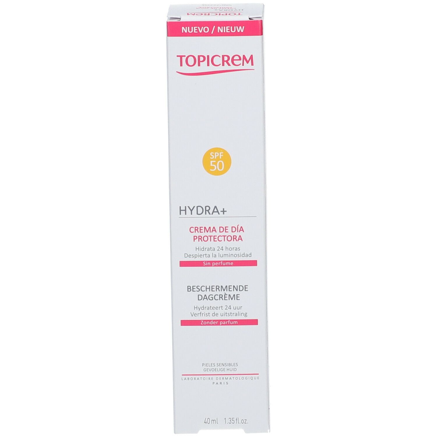 Emballage TOPICREM HYDRA+. Boîte blanche avec accents roses. Texte: Crème de día protectora, Beschermende dagcrème. SPF 50.