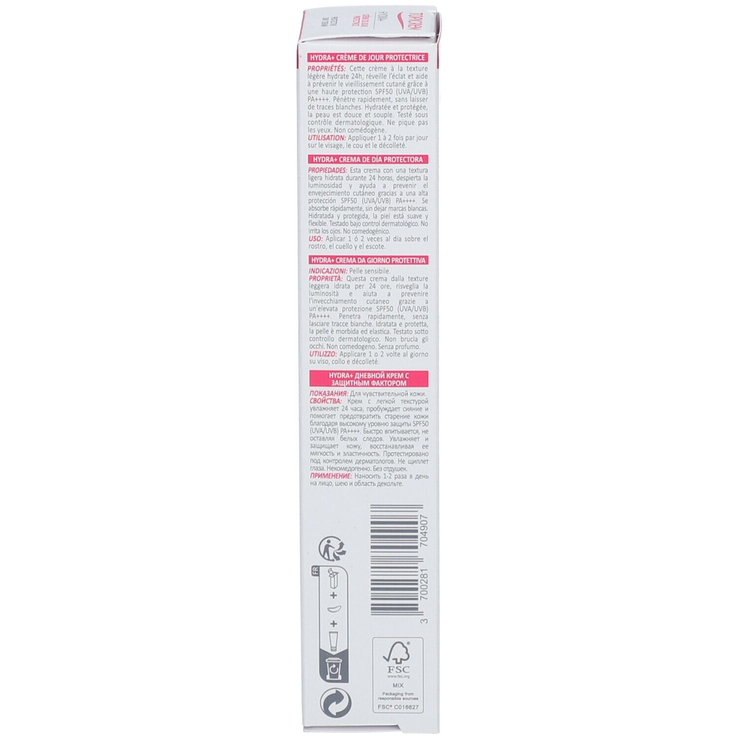 Côté de l'emballage TOPICREM HYDRA+. Texte multilingue. Ingrédients, instructions d'utilisation. Logo FSC.