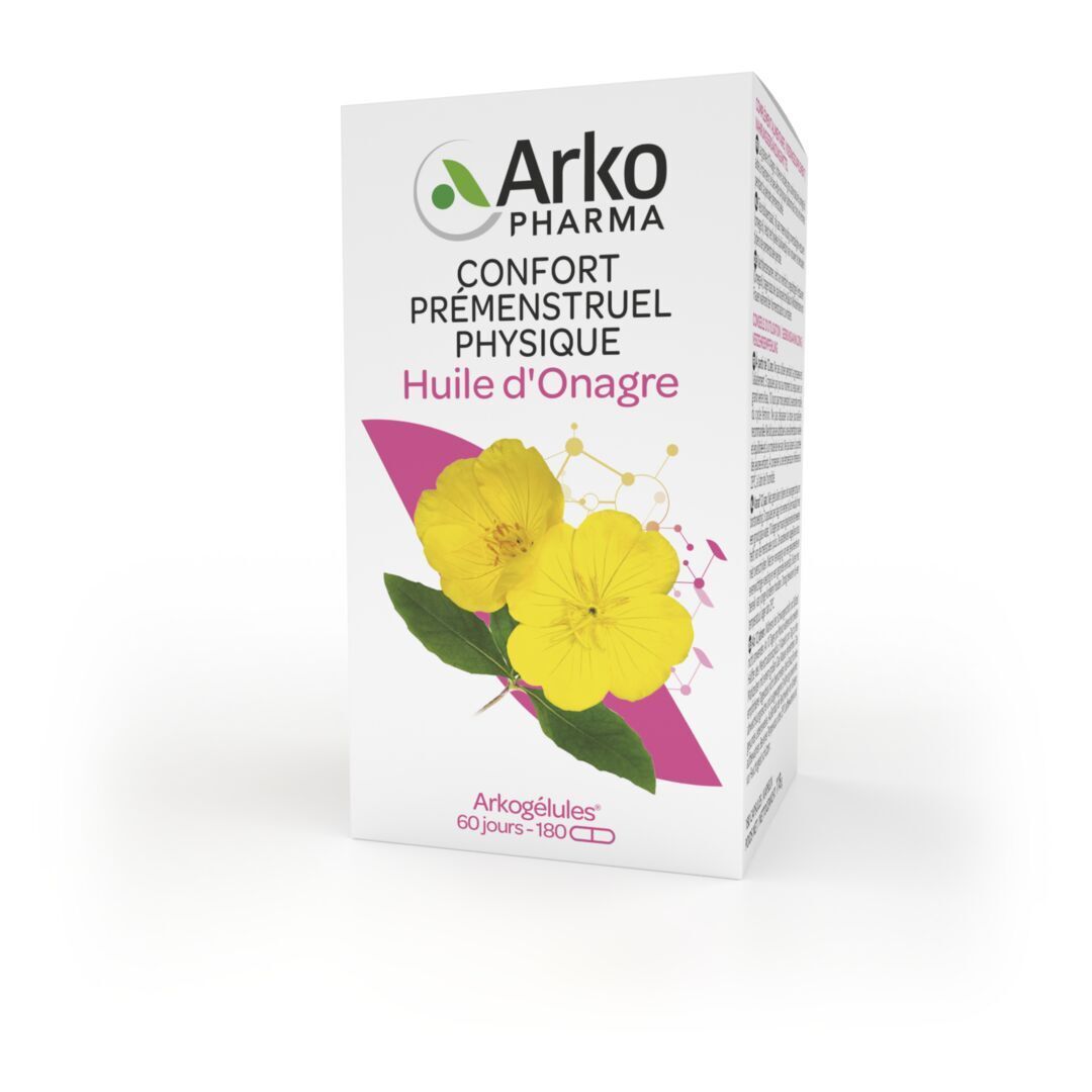 Emballage blanc avec logo Arkopharma et informations produit. Illustration de fleurs jaunes.