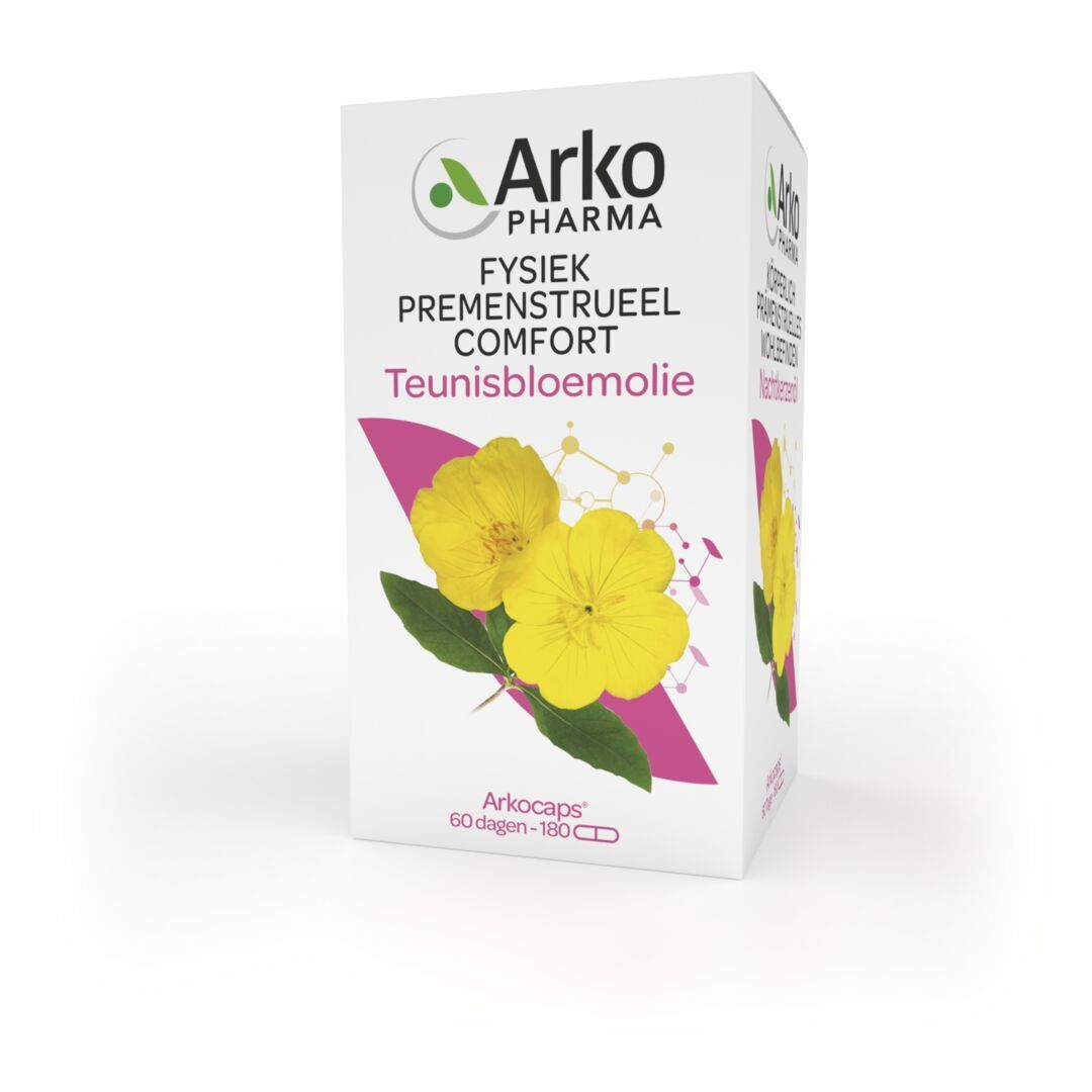 Witte productverpakking met Arkopharma logo en productinformatie. Afbeelding van gele bloemen.