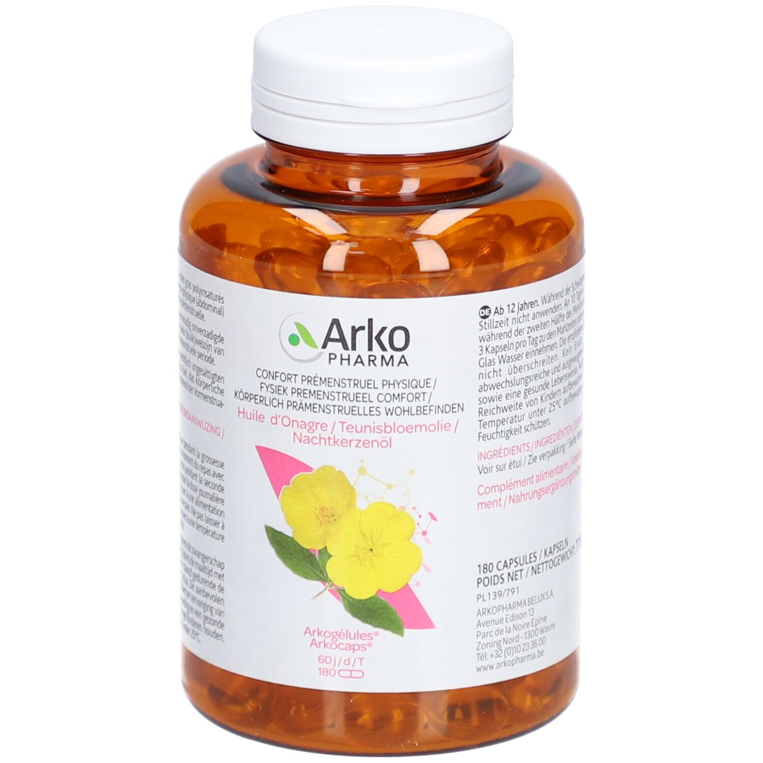 Flacon brun avec bouchon blanc. Étiquette avec informations produit et logo Arkopharma. Contient des gélules.