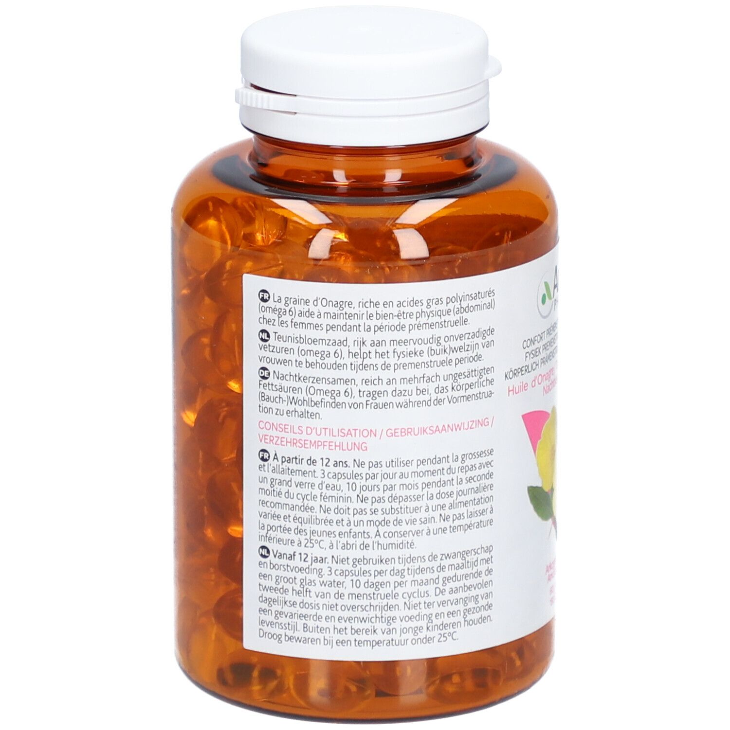 Dos du flacon brun avec informations produit et ingrédients. Bouchon blanc. Logo Arkopharma.