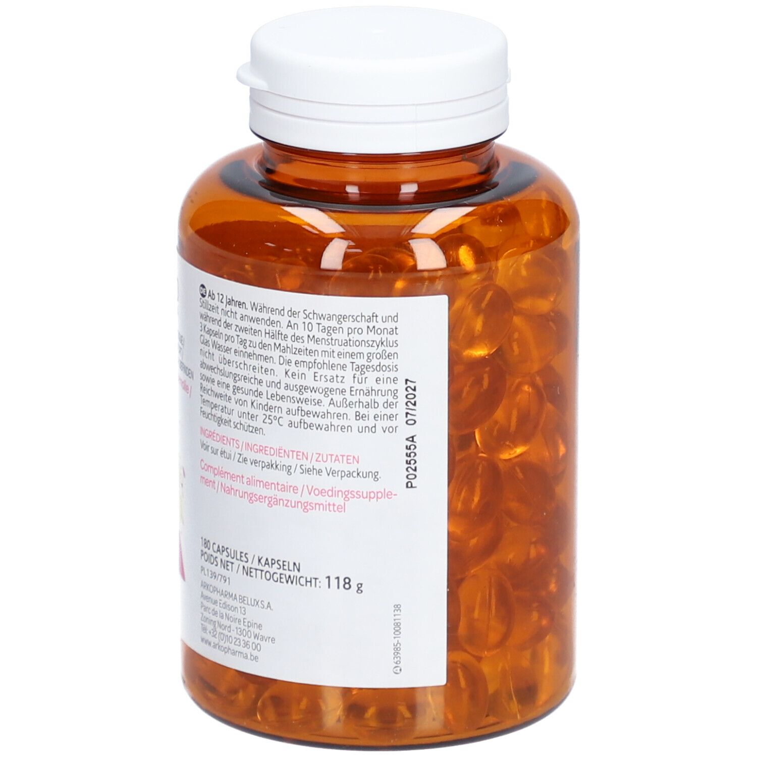 Dos du flacon brun avec informations produit et ingrédients. Bouchon blanc. Logo Arkopharma.