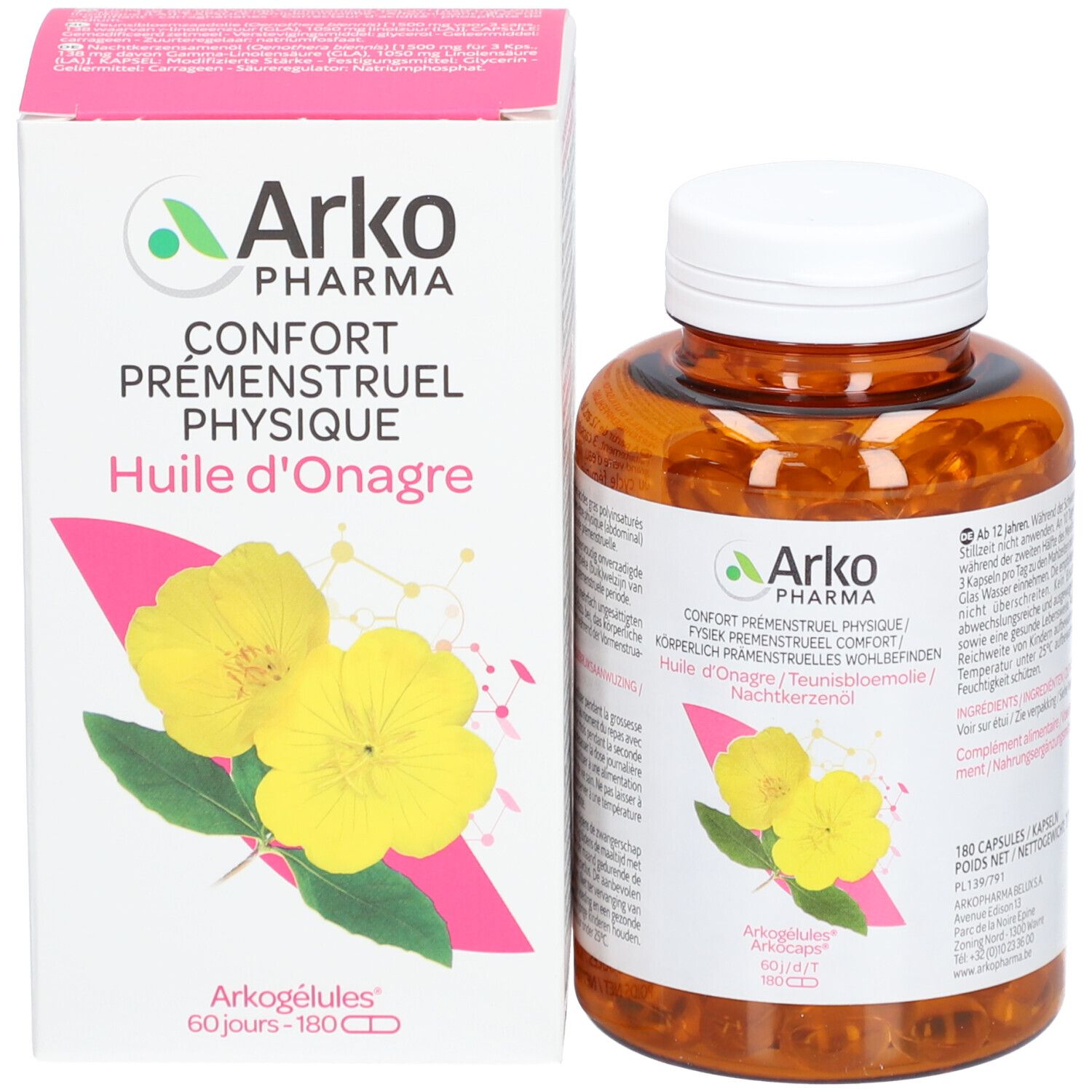 Emballage du produit avec flacon et boîte. Boîte avec logo Arkopharma et informations produit. Flacon de gélules.