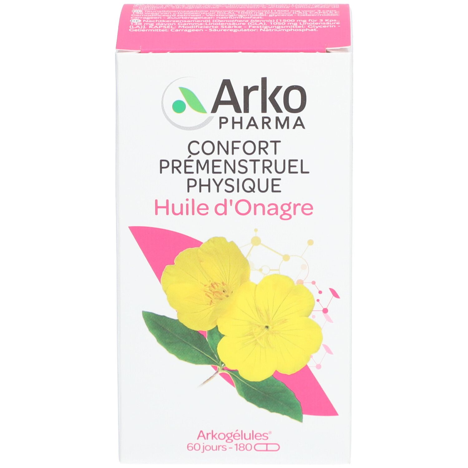 Emballage blanc avec logo Arkopharma et informations produit. Illustration de fleurs jaunes.