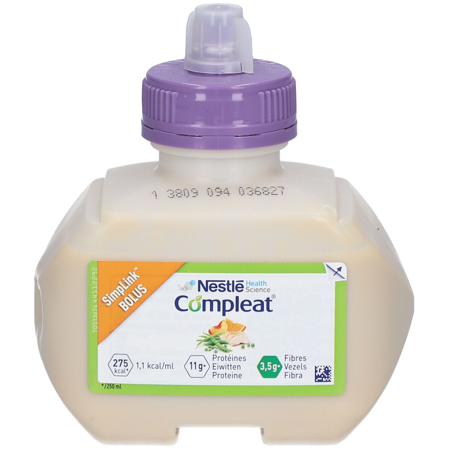 Bouteille Nestlé Compleat avec bouchon violet. Étiquette avec informations nutritionnelles et indication "SimpLink Bolus".