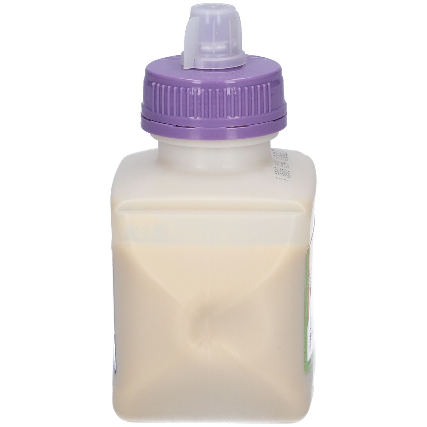 Bouteille Nestlé Compleat, forme carrée, avec bouchon violet. Contient un liquide de couleur crème.