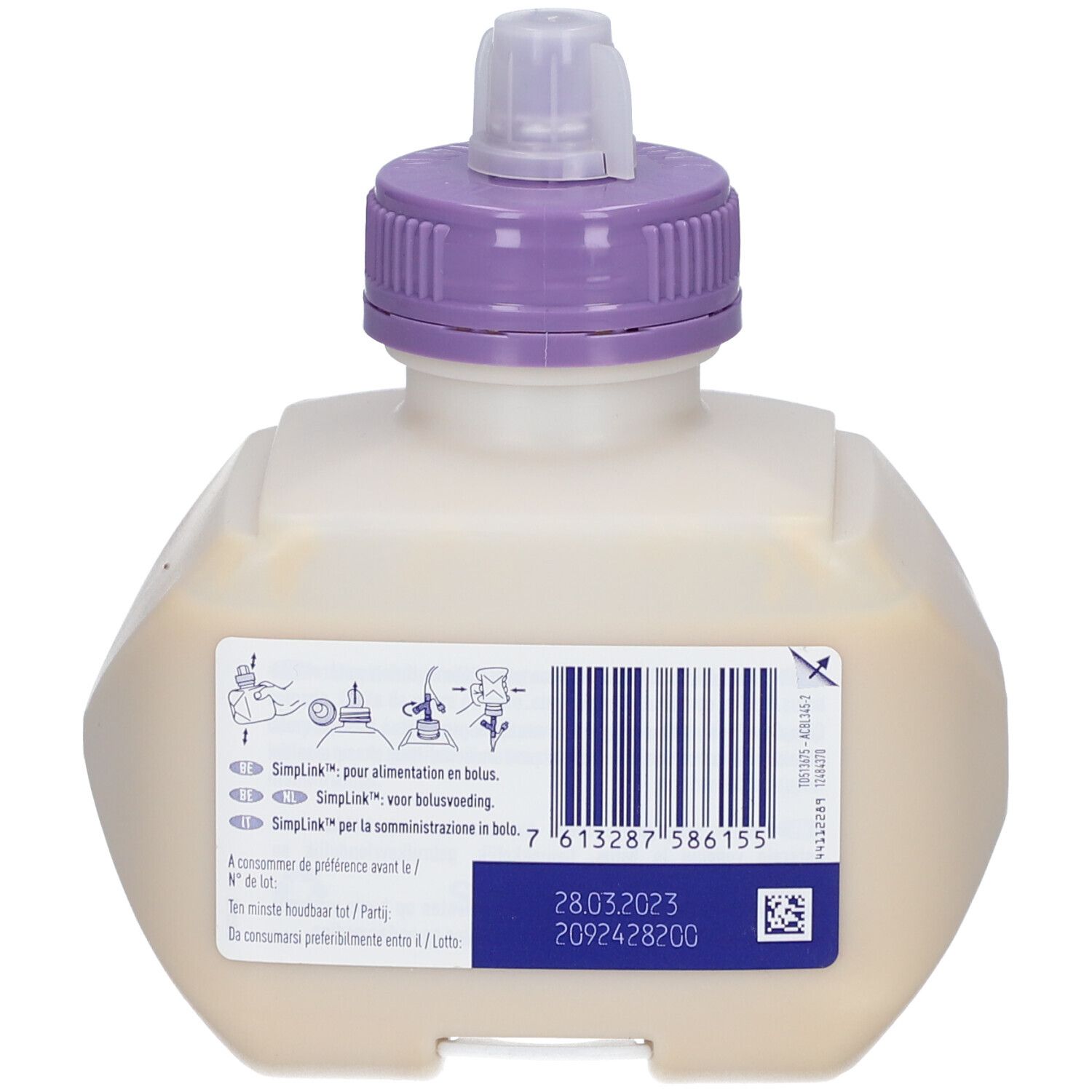 Dos de la bouteille Nestlé Compleat avec bouchon violet. Contient des informations d'administration et une date de péremption.