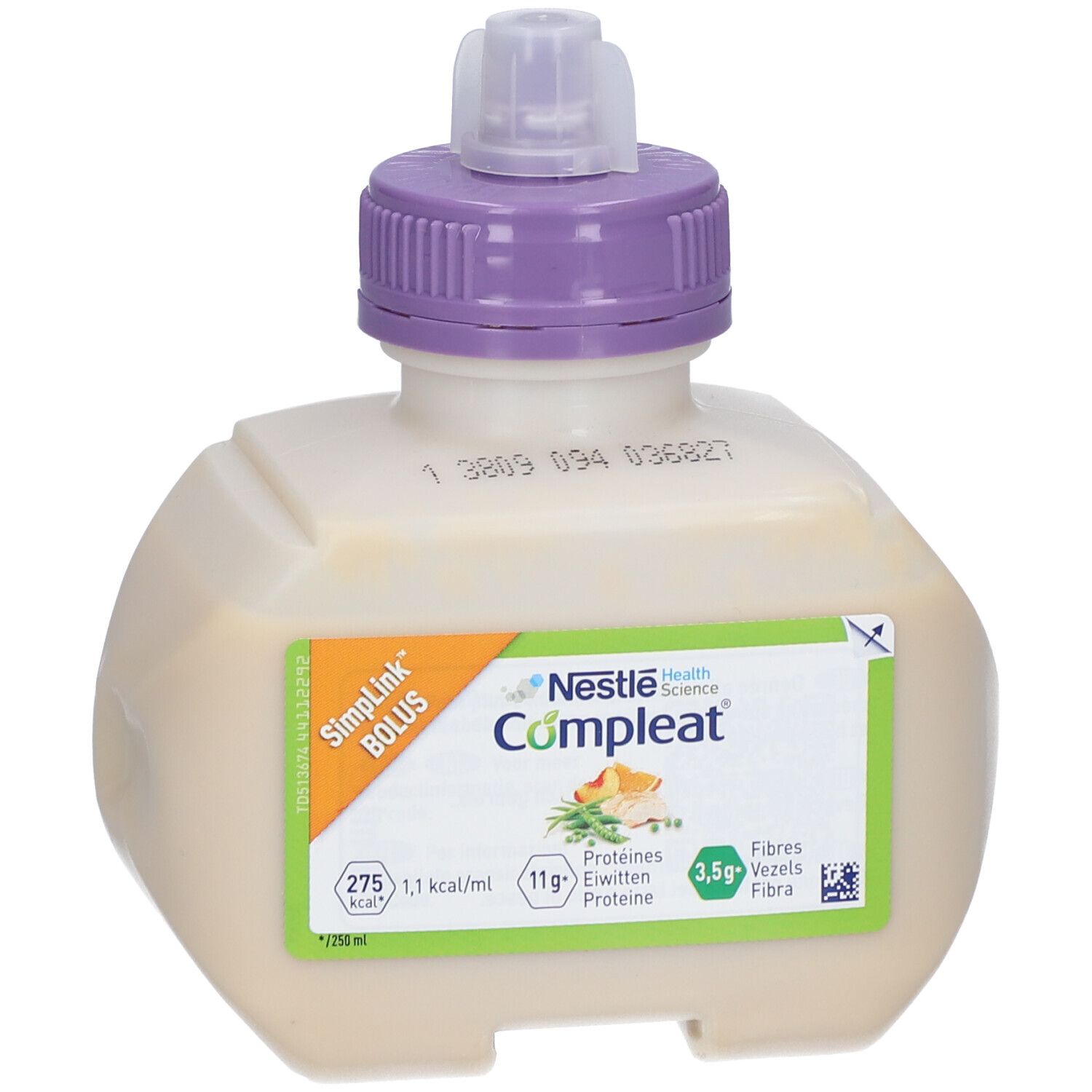 Bouteille Nestlé Compleat avec bouchon violet. Étiquette avec informations nutritionnelles et indication "SimpLink Bolus".