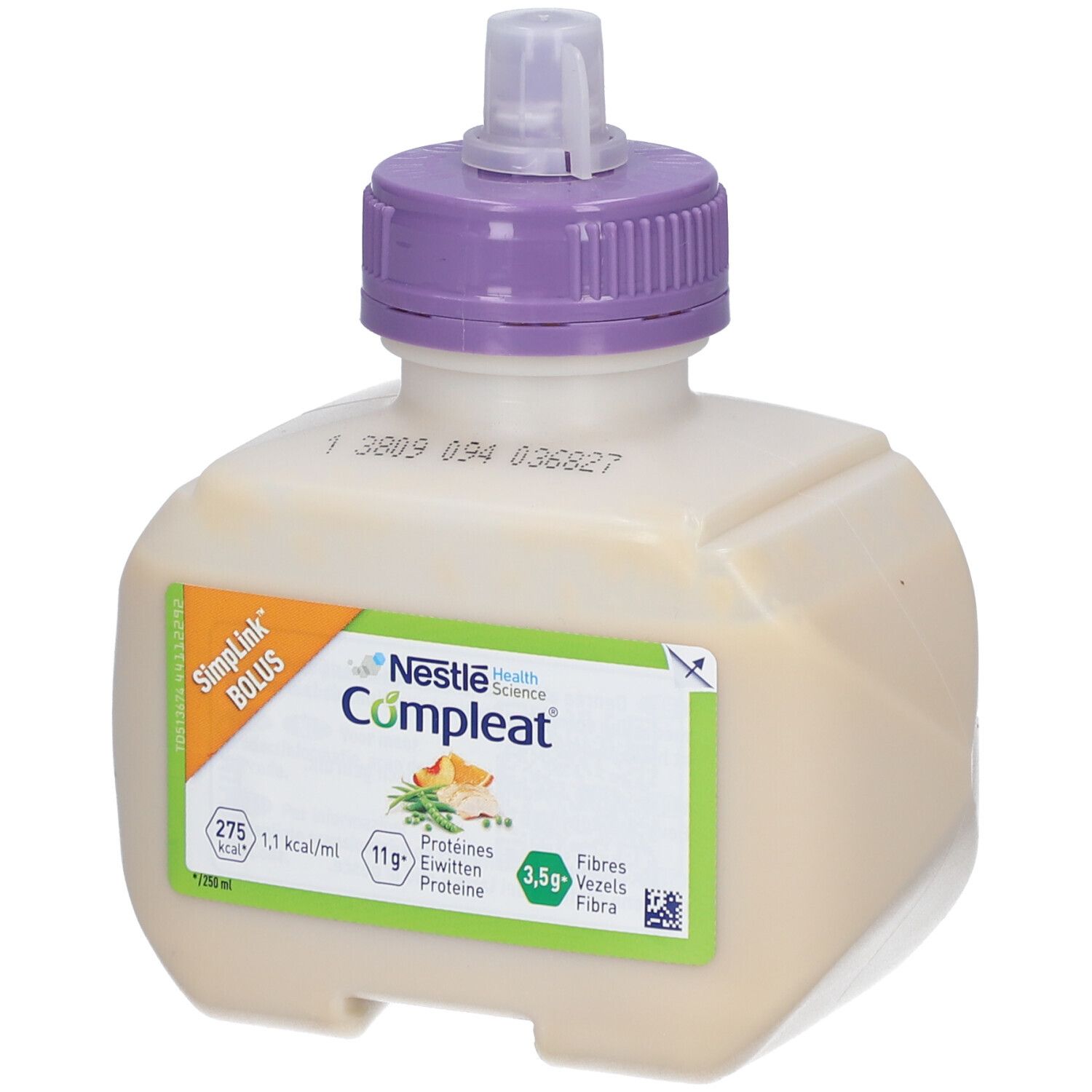 Bouteille Nestlé Compleat avec bouchon violet. Étiquette avec informations nutritionnelles et indication "SimpLink Bolus".