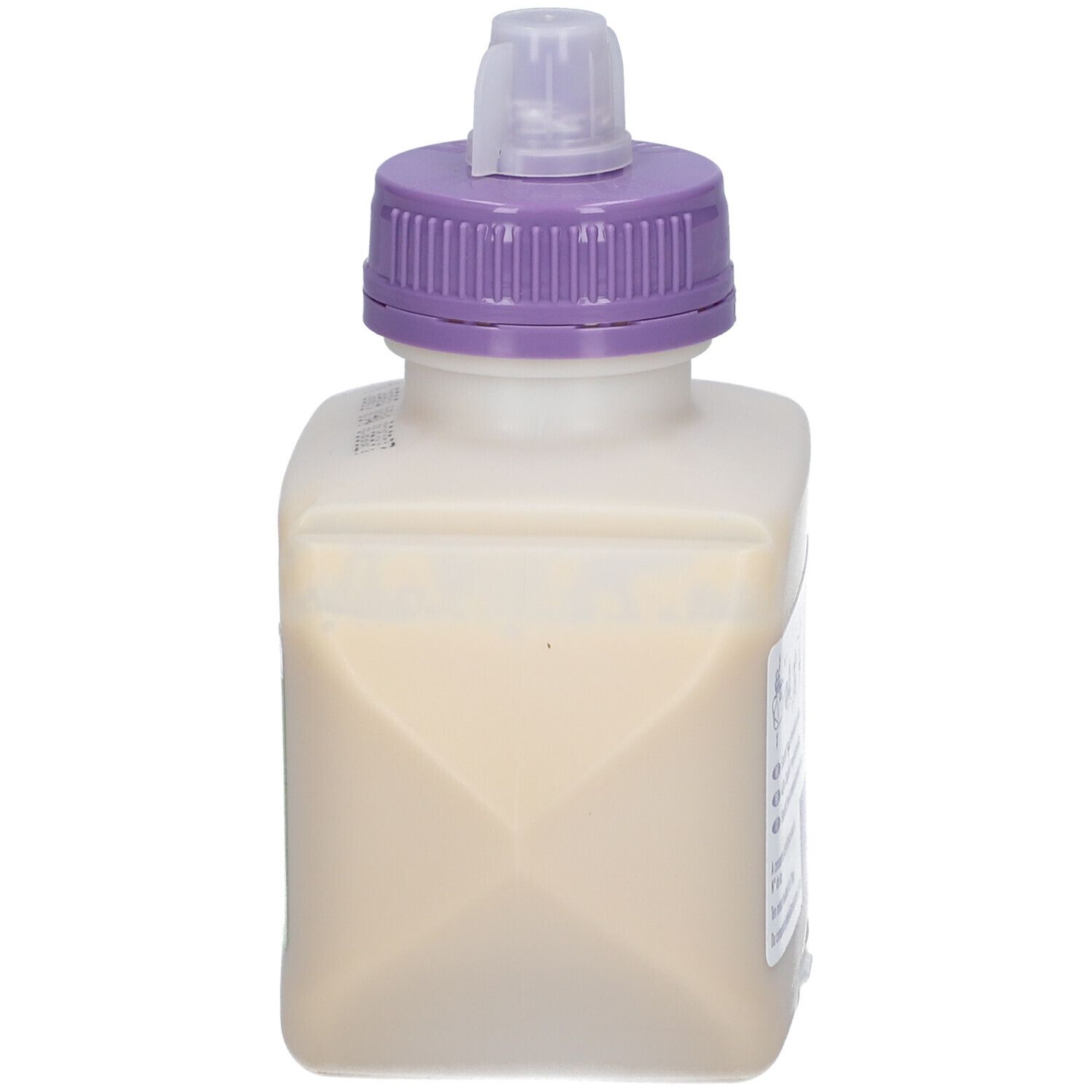 Bouteille Nestlé Compleat, forme carrée, avec bouchon violet. Contient un liquide de couleur crème.