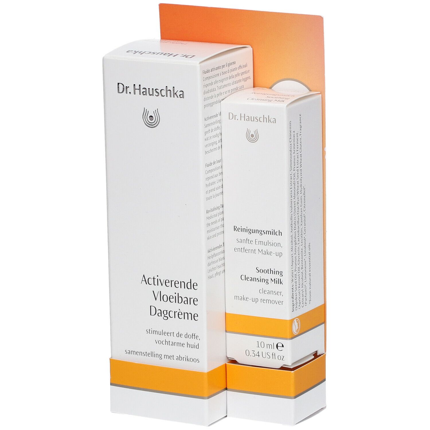 Twee Dr. Hauschka productverpakkingen. Eén doos met "Aktivierende Vloeibare Dagcrème", de andere met "Reinigingsmelk".