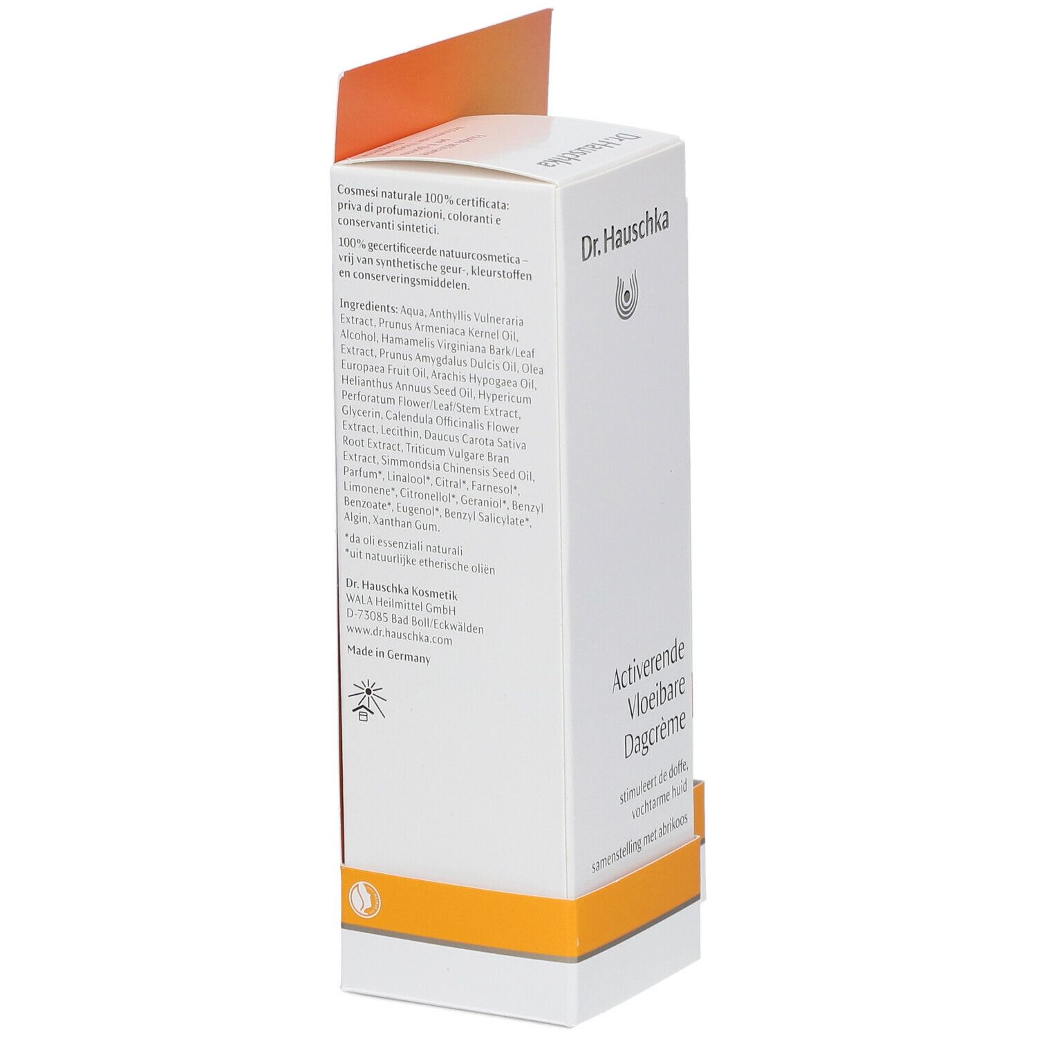 Zijaanzicht van de verpakking van "Aktivierende Vloeibare Dagcrème". Tekst in het Duits, ingrediënten en Dr. Hauschka logo.