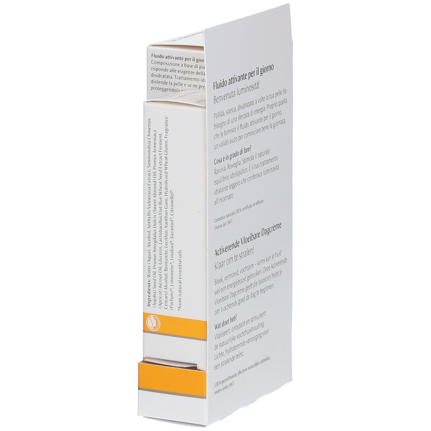 Zijaanzicht van de verpakking van "Aktivierende Vloeibare Dagcrème". Tekst in het Italiaans en Nederlands, Dr. Hauschka logo.
