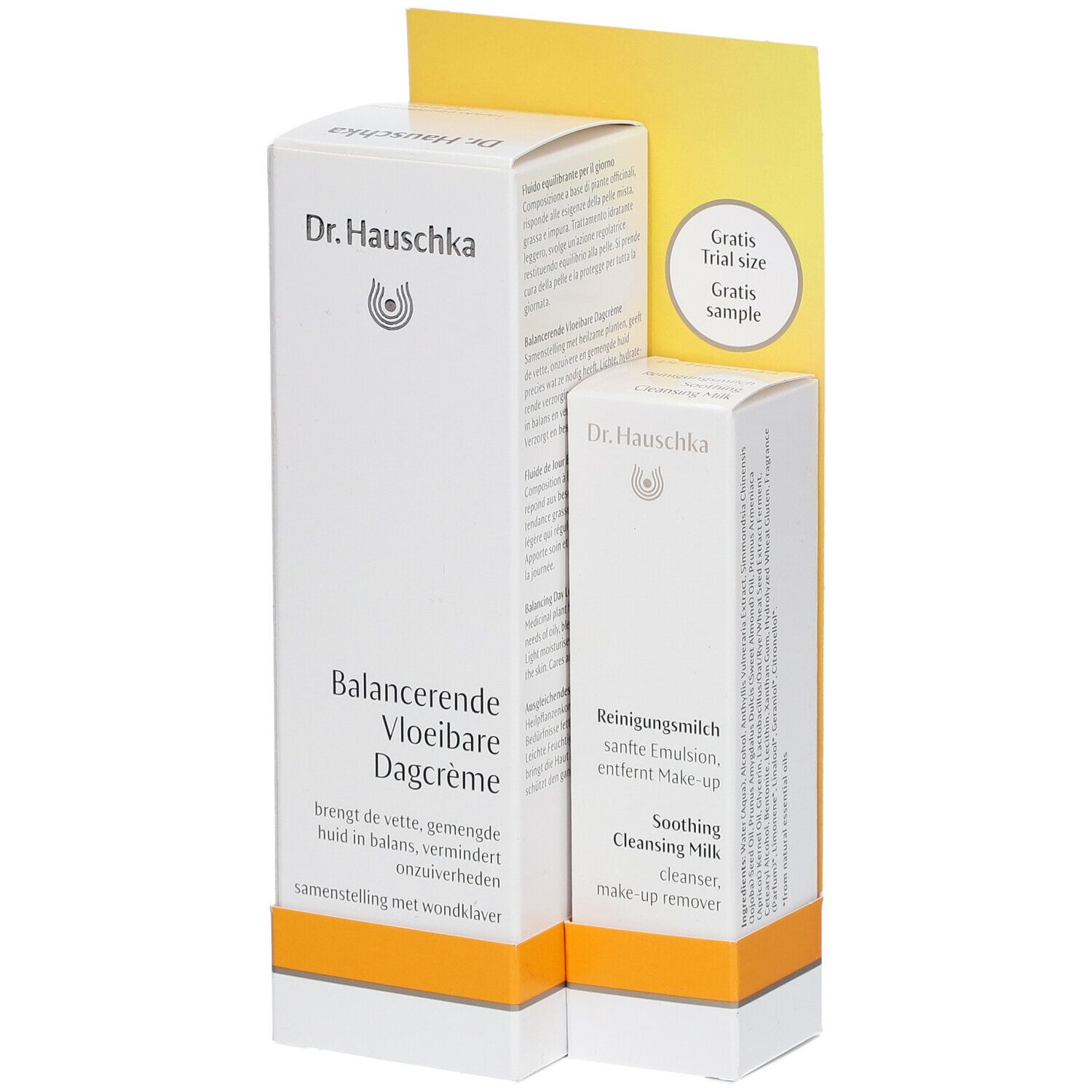 Twee witte dozen. Op de grootste staat "Dr. Hauschka" en "Balancerende Vloeibare Dagcrème". De kleinste heeft "Reinigungsmilch".