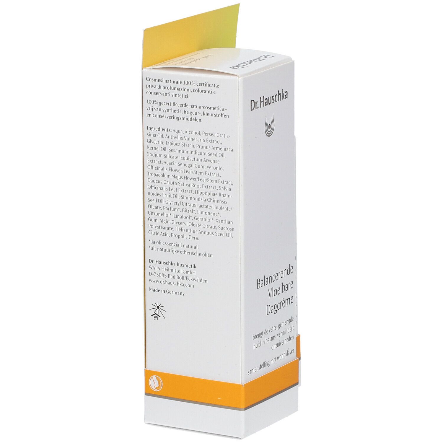 Witte verpakking met tekst en ingrediënten. Op de zijkant staat "Dr. Hauschka" en "Balancerende Vloeibare Dagcrème".