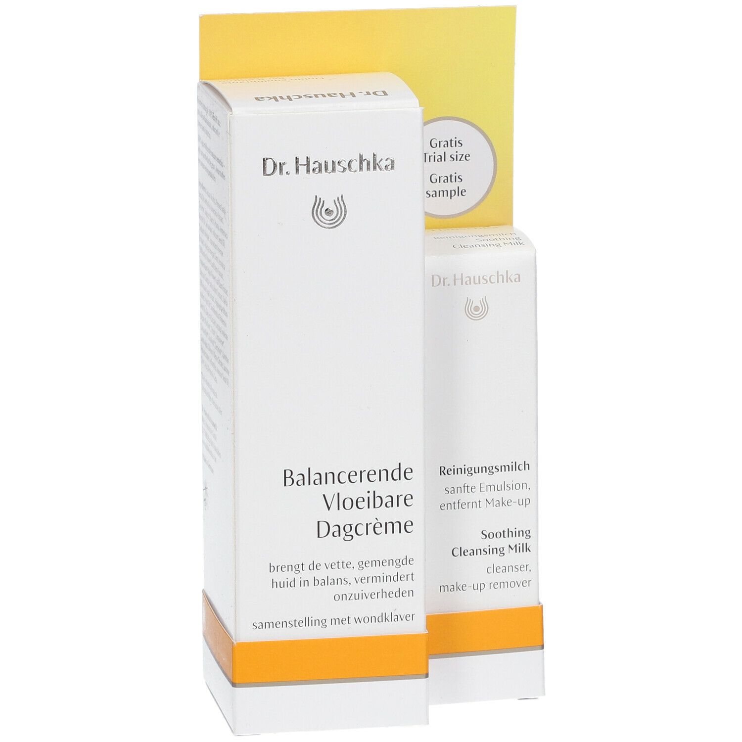 Twee witte dozen. Op de grootste staat "Dr. Hauschka" en "Balancerende Vloeibare Dagcrème". De kleinste heeft "Reinigungsmilch".