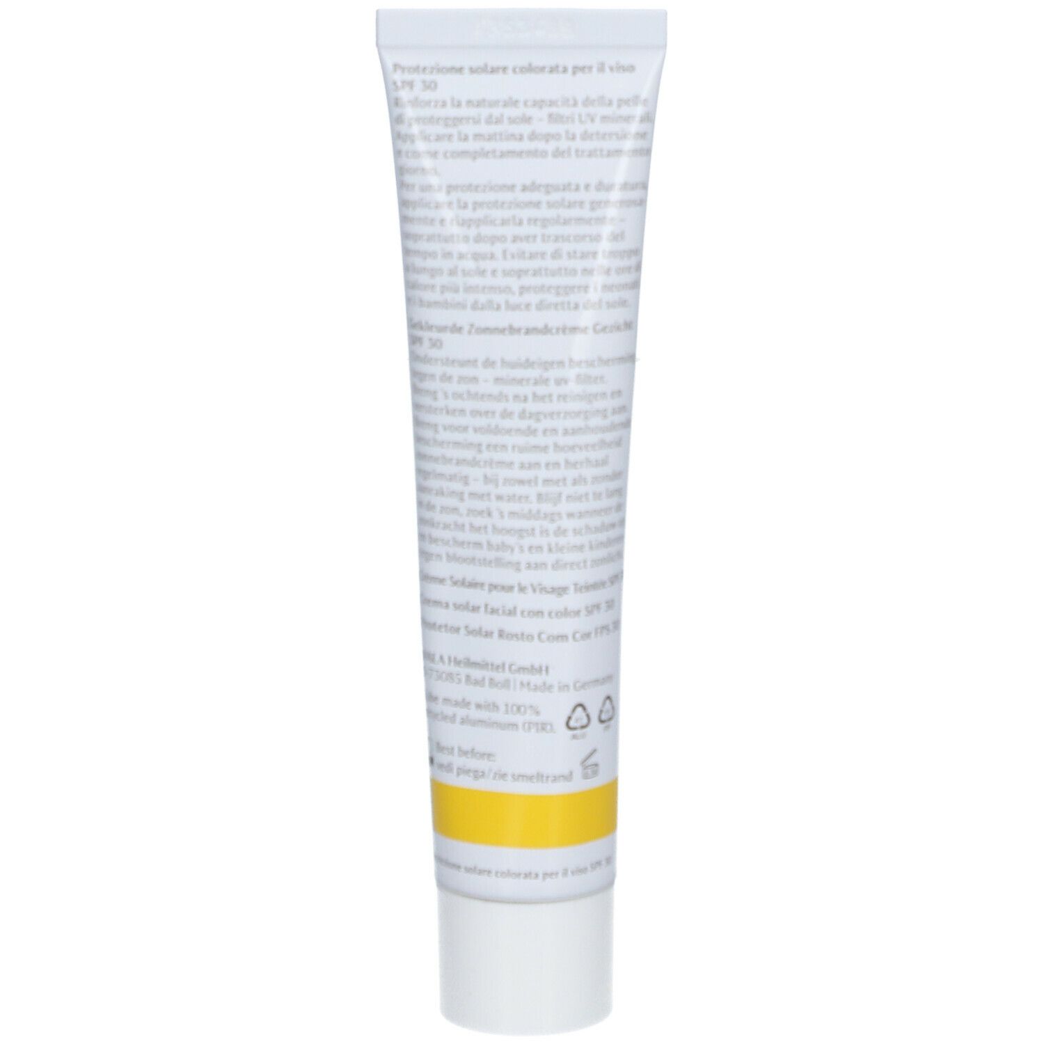 Rückseite der Tube. Text in mehreren Sprachen. Gelber Streifen am unteren Rand. 40 ml.