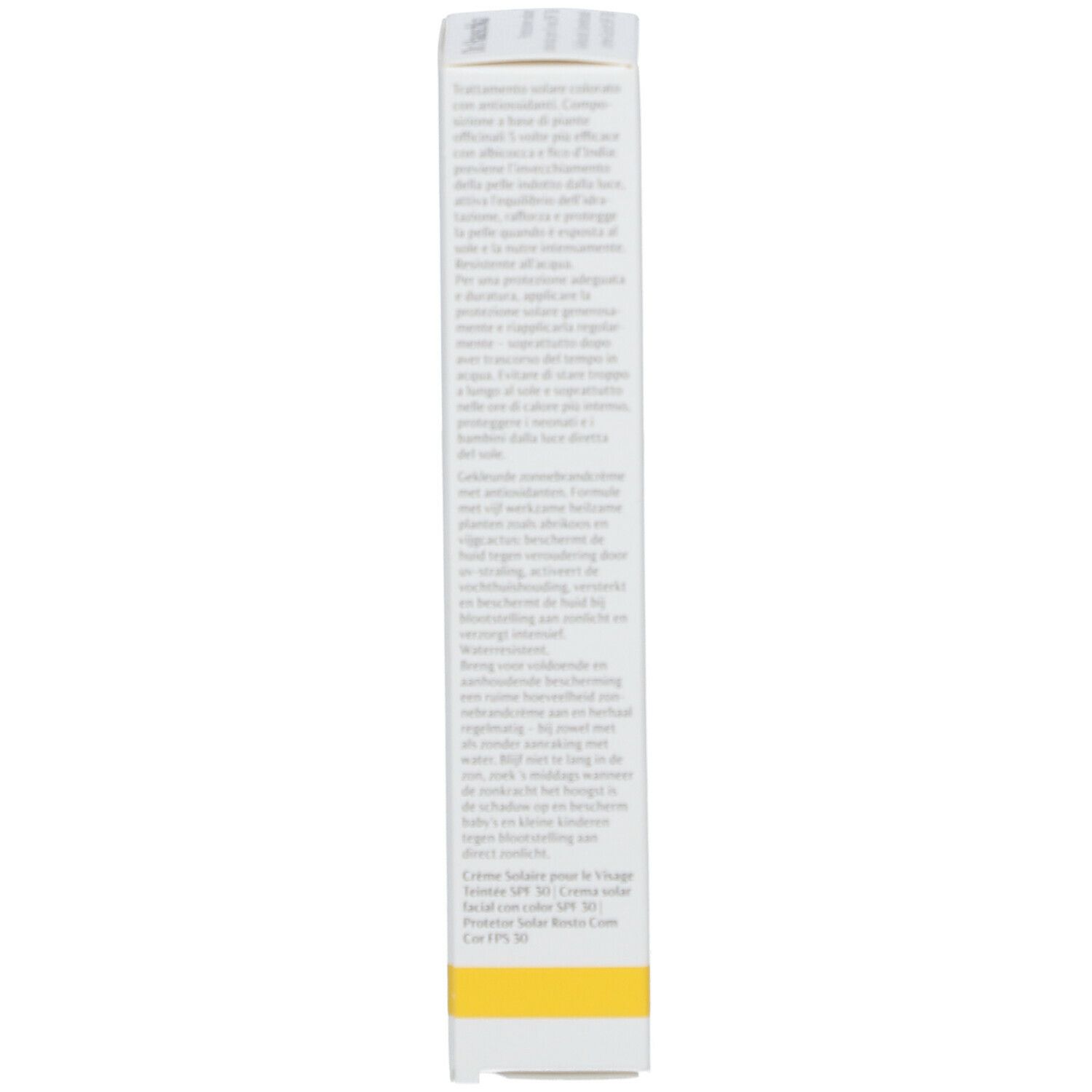Rückseite der Schachtel. Text in mehreren Sprachen. Gelber Streifen am unteren Rand. 40 ml.