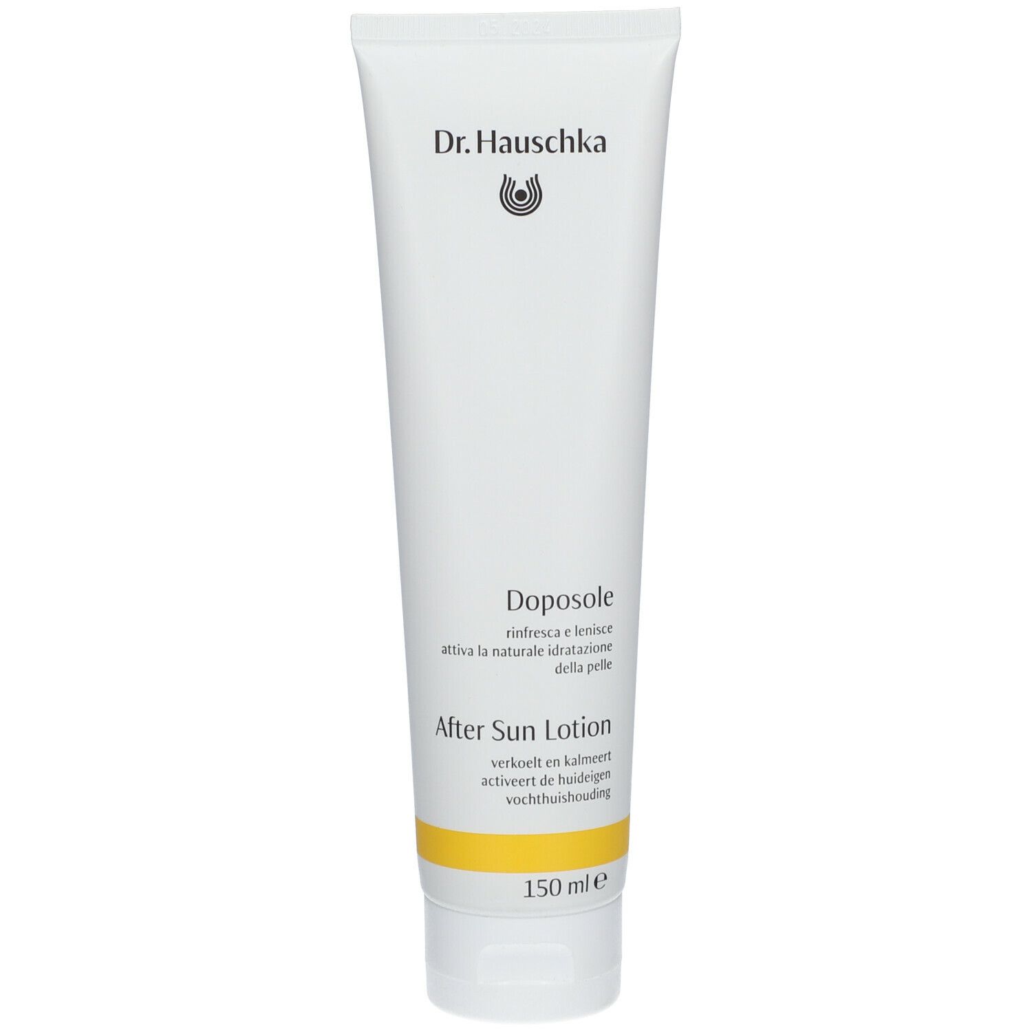 Witte tube met opschrift "Dr. Hauschka After Sun Lotion". Gele strook onderaan. Inhoud 150 ml.