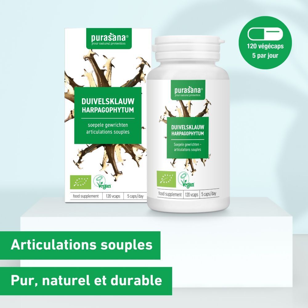 Emballage et flacon. Inscription: DUIVELSKLAUW HARPAGOPHYTUM. Logo vegan. 120 gélules, 5 par jour. Boîte avec texte.