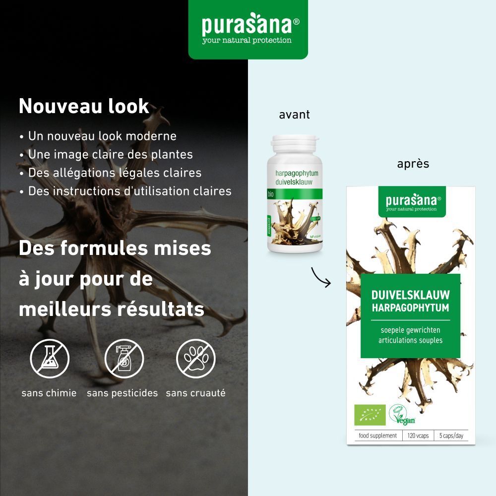 Comparaison avant-après. Flacon et emballage. Inscription: DUIVELSKLAUW HARPAGOPHYTUM. Logo vegan. Texte: sans chimie, sans pesticides, sans cruauté.