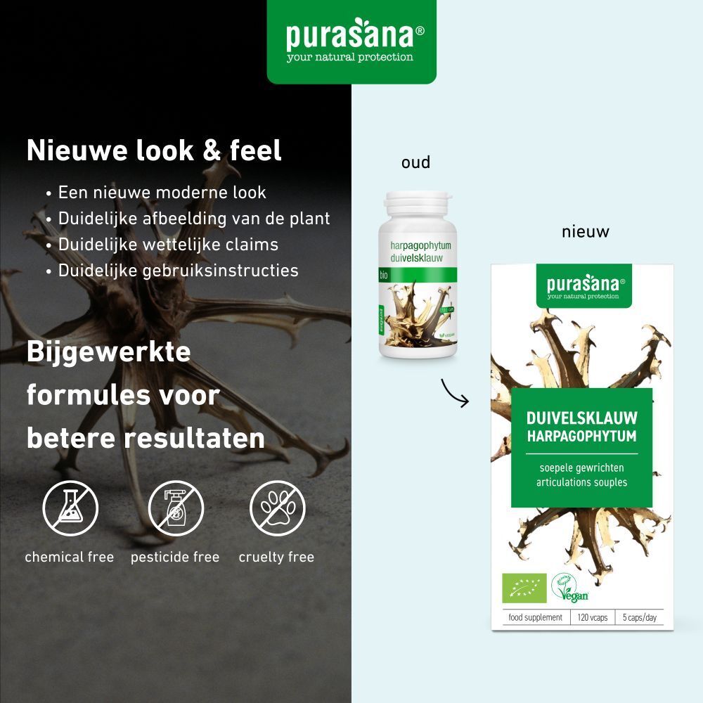 Vergelijking voor-na. Fles en verpakking. Opschrift: DUIVELSKLAUW HARPAGOPHYTUM. Vegan logo. Tekst: chemical free, pesticide free, cruelty free.