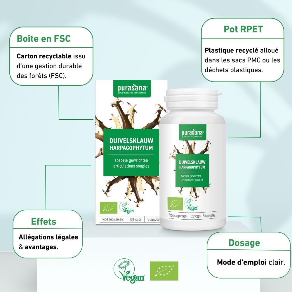Emballage et flacon. Inscription: DUIVELSKLAUW HARPAGOPHYTUM. Logo vegan. Texte sur emballage, dosage et avantages.