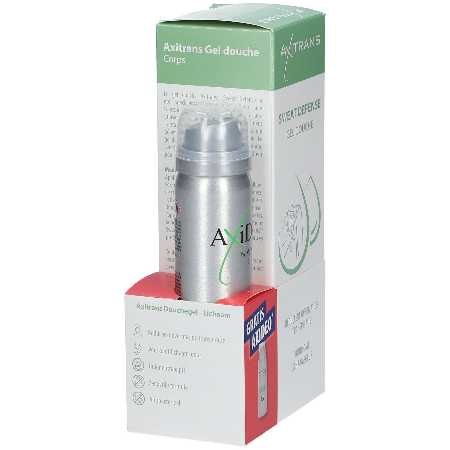 Axitrans Duschgel en AxiDeo Sports. Verpakking met product en gratis AxiDeo. Tekst: Vermindert overmatige transpiratie.