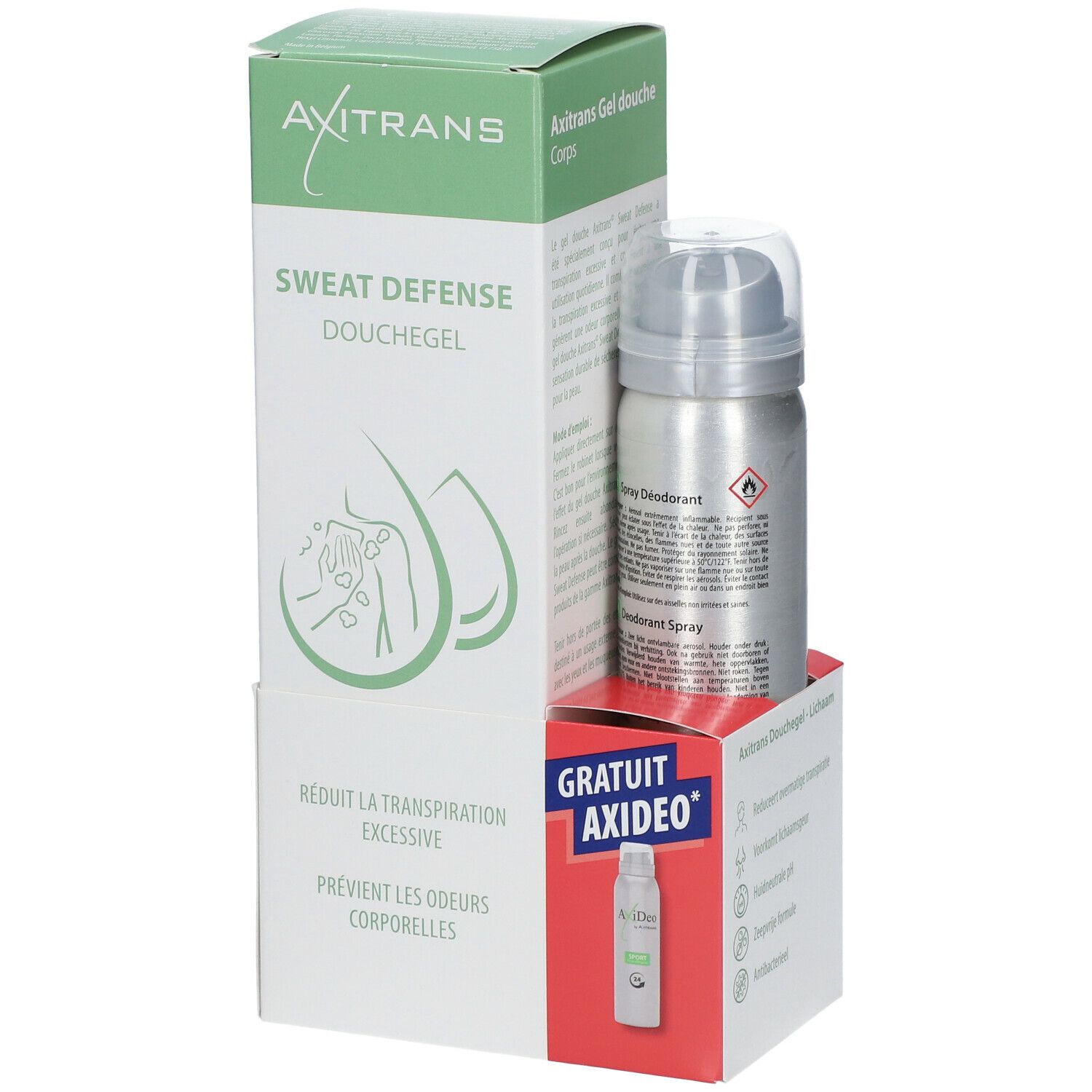 Axitrans Duschgel en AxiDeo Sports. Verpakking met product en gratis AxiDeo. Tekst: Vermindert overmatige transpiratie.