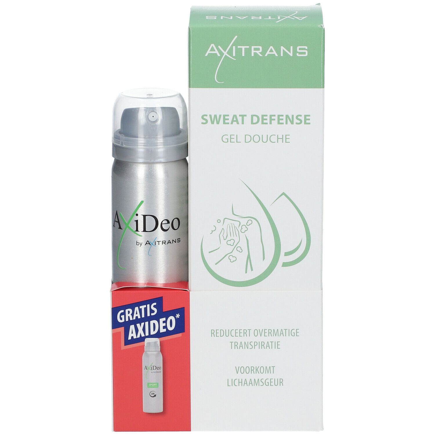 Axitrans Duschgel en AxiDeo Sports. Verpakking met product en gratis AxiDeo. Tekst: Vermindert overmatige transpiratie.