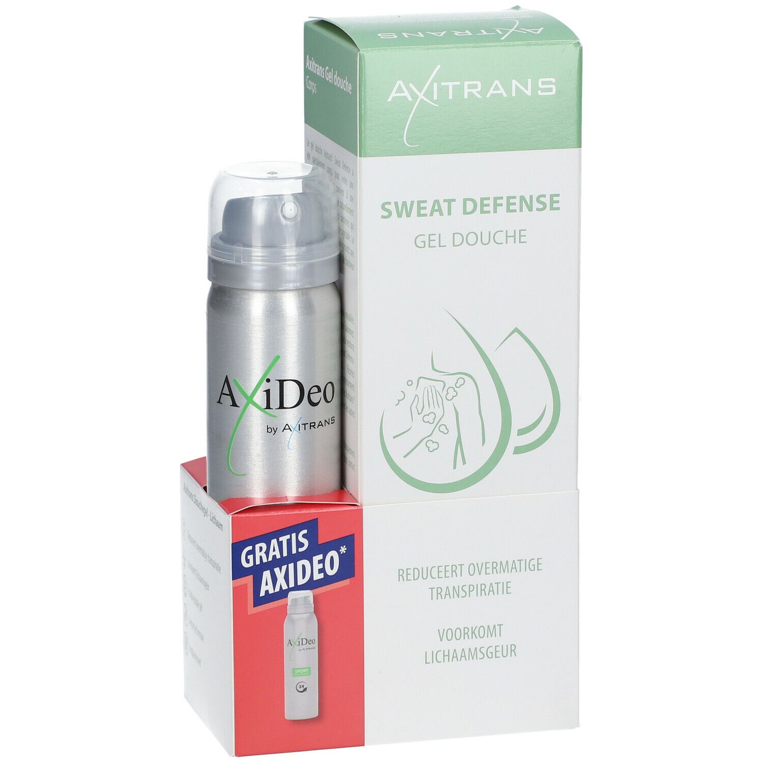 Axitrans Duschgel en AxiDeo Sports. Verpakking met product en gratis AxiDeo. Tekst: Vermindert overmatige transpiratie.