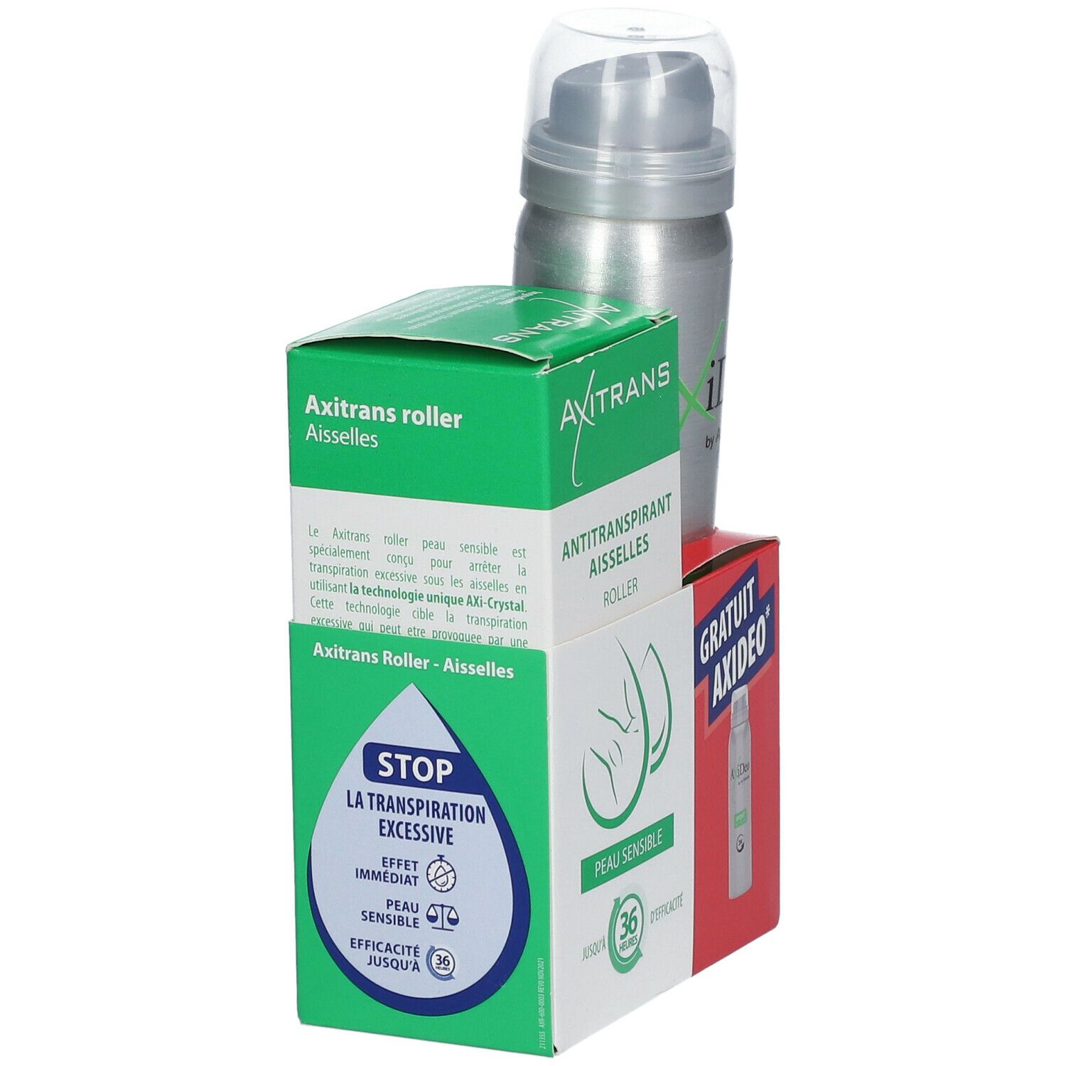 Axitrans Antitranspirant aisselles roller et Axitrans iDeo spray. Emballage avec informations produit et logo. Inscription: Peau sensible.