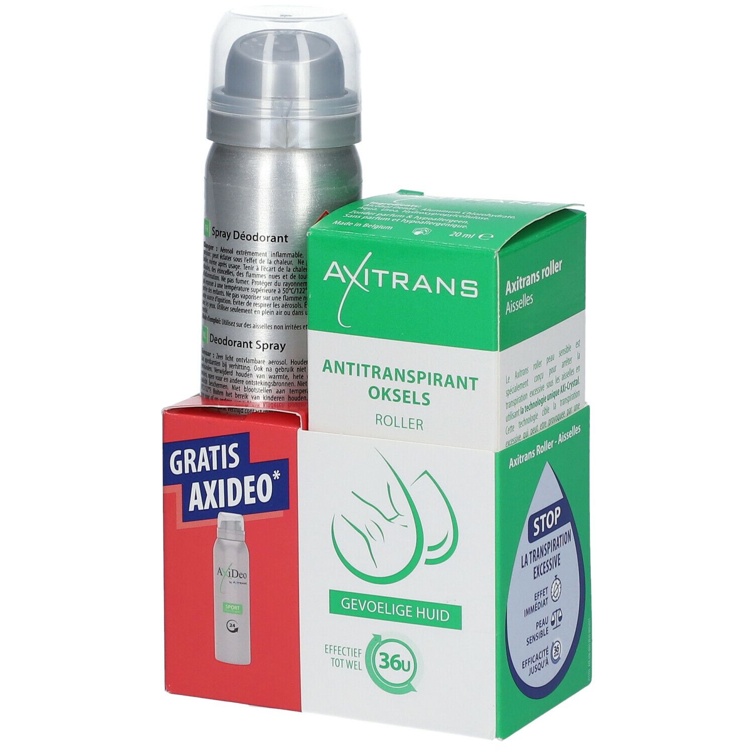 Axitrans Antitranspirant aisselles roller et Axitrans iDeo spray. Emballage avec informations produit et logo. Inscription: Peau sensible.