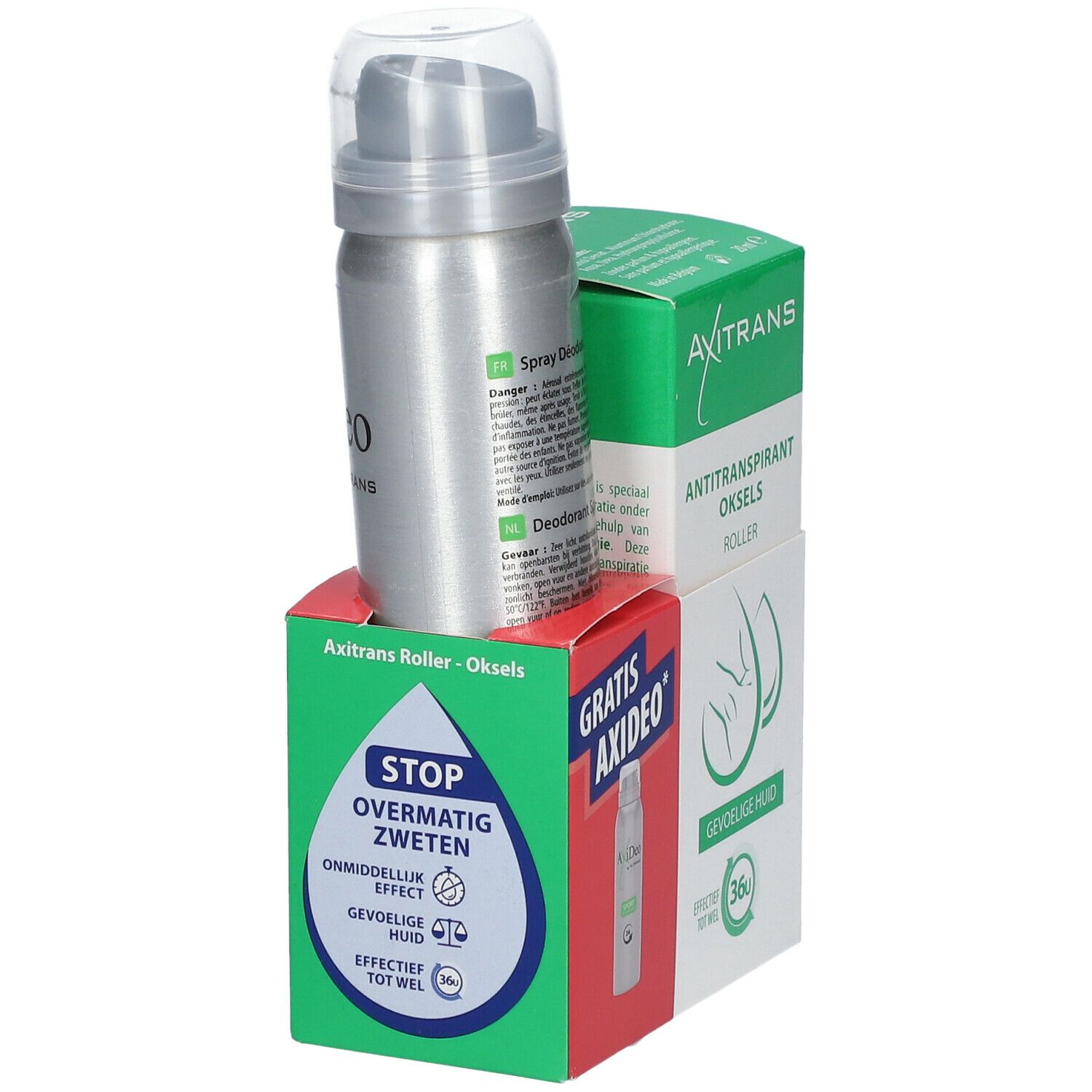 Axitrans Antitranspirant aisselles roller et Axitrans iDeo spray. Emballage avec informations produit et logo. Inscription: Peau sensible.