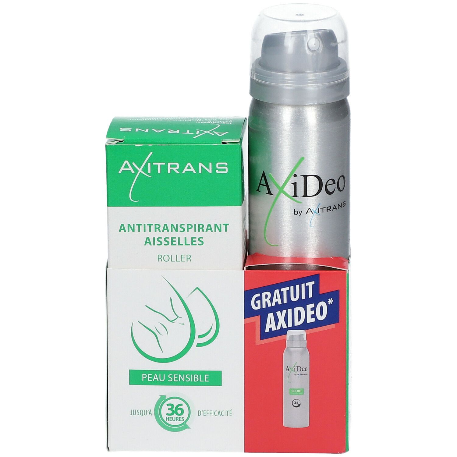 Axitrans Antitranspirant aisselles roller et Axitrans iDeo spray. Emballage avec informations produit et logo. Inscription: Peau sensible.