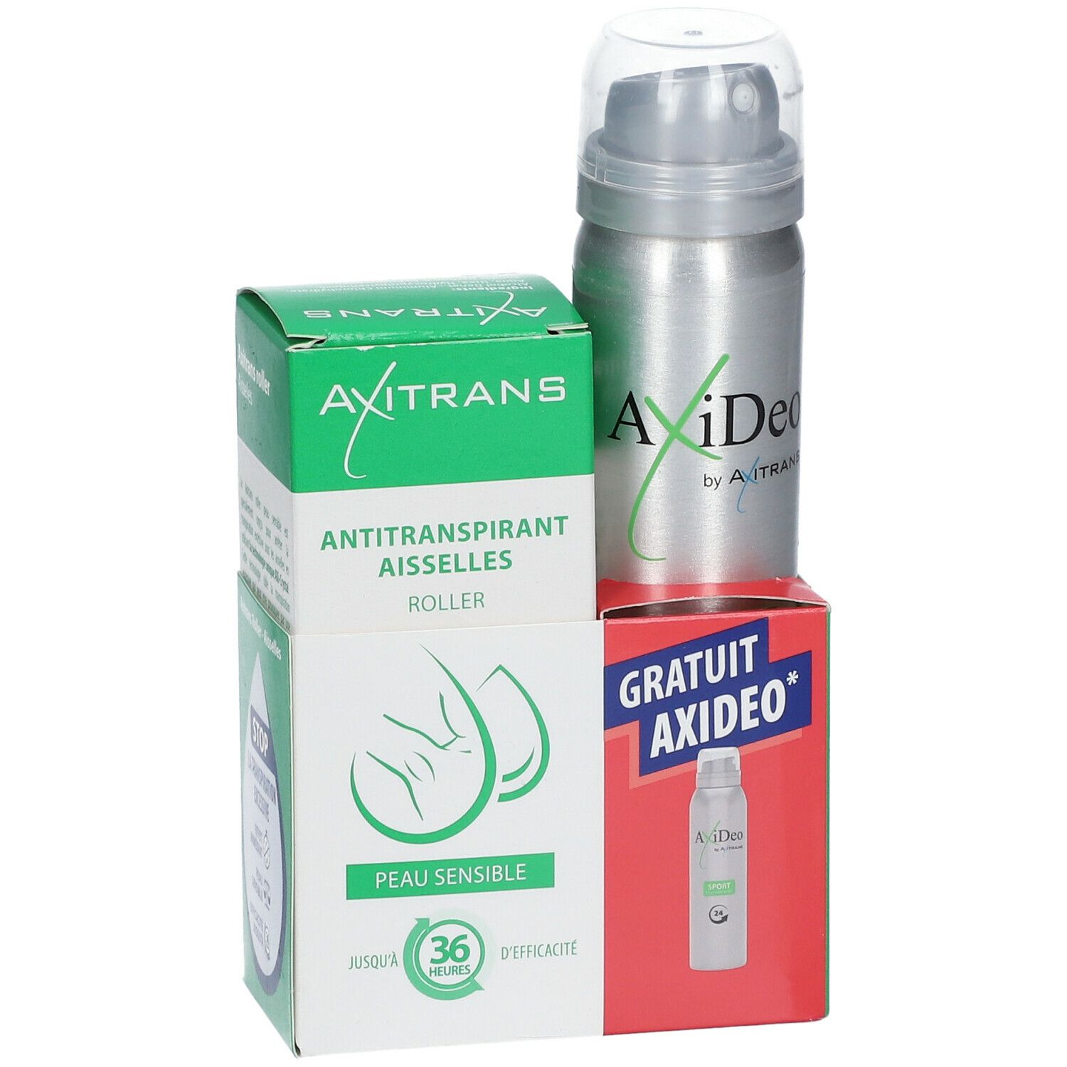 Axitrans Antitranspirant aisselles roller et Axitrans iDeo spray. Emballage avec informations produit et logo. Inscription: Peau sensible.