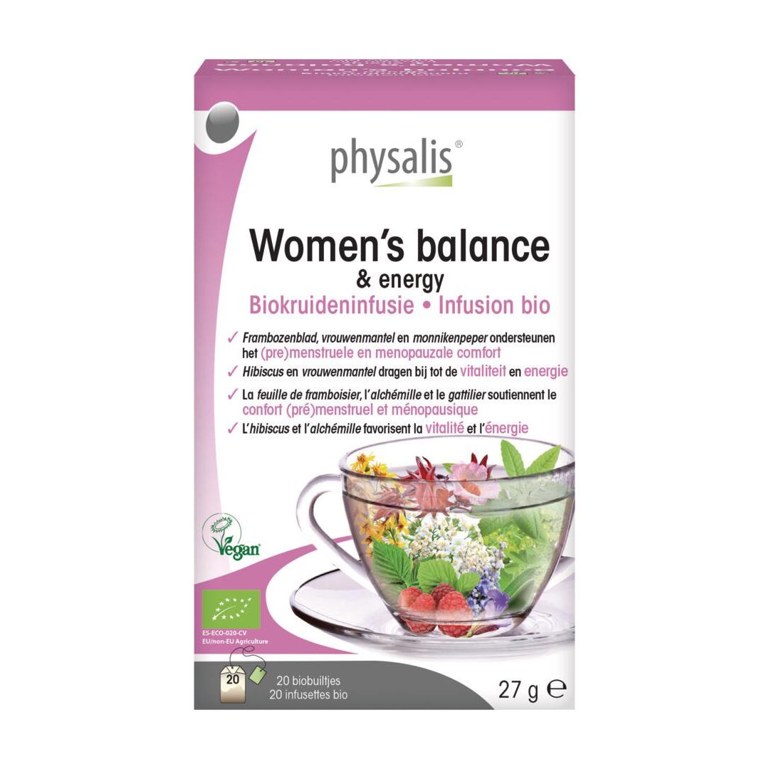 Boîte rose 'Physalis Women's balance & energy' avec texte. Contient 20 sachets, 27g. Label Vegan.