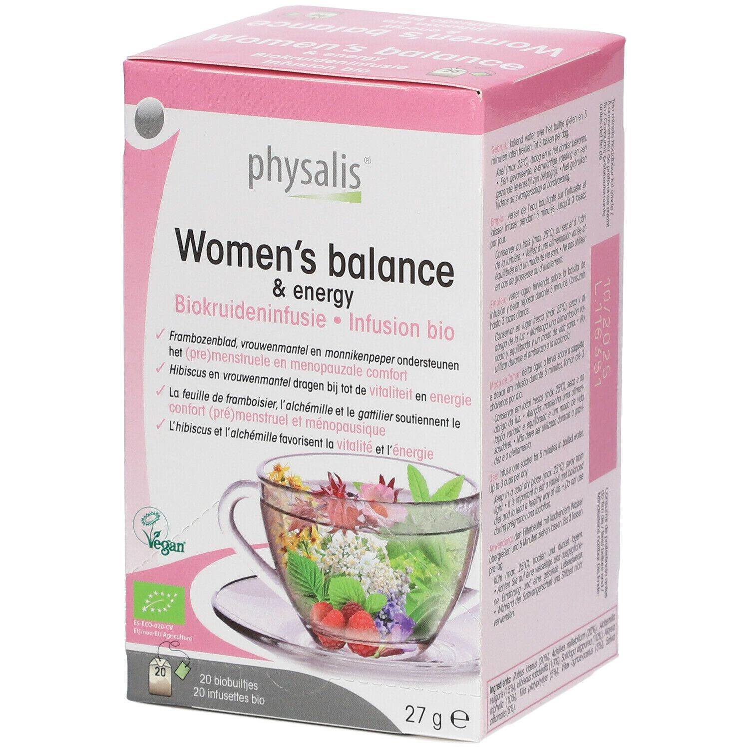Boîte rose 'Physalis Women's balance & energy' infusion bio. Contient 20 sachets, 27g. Label Vegan.