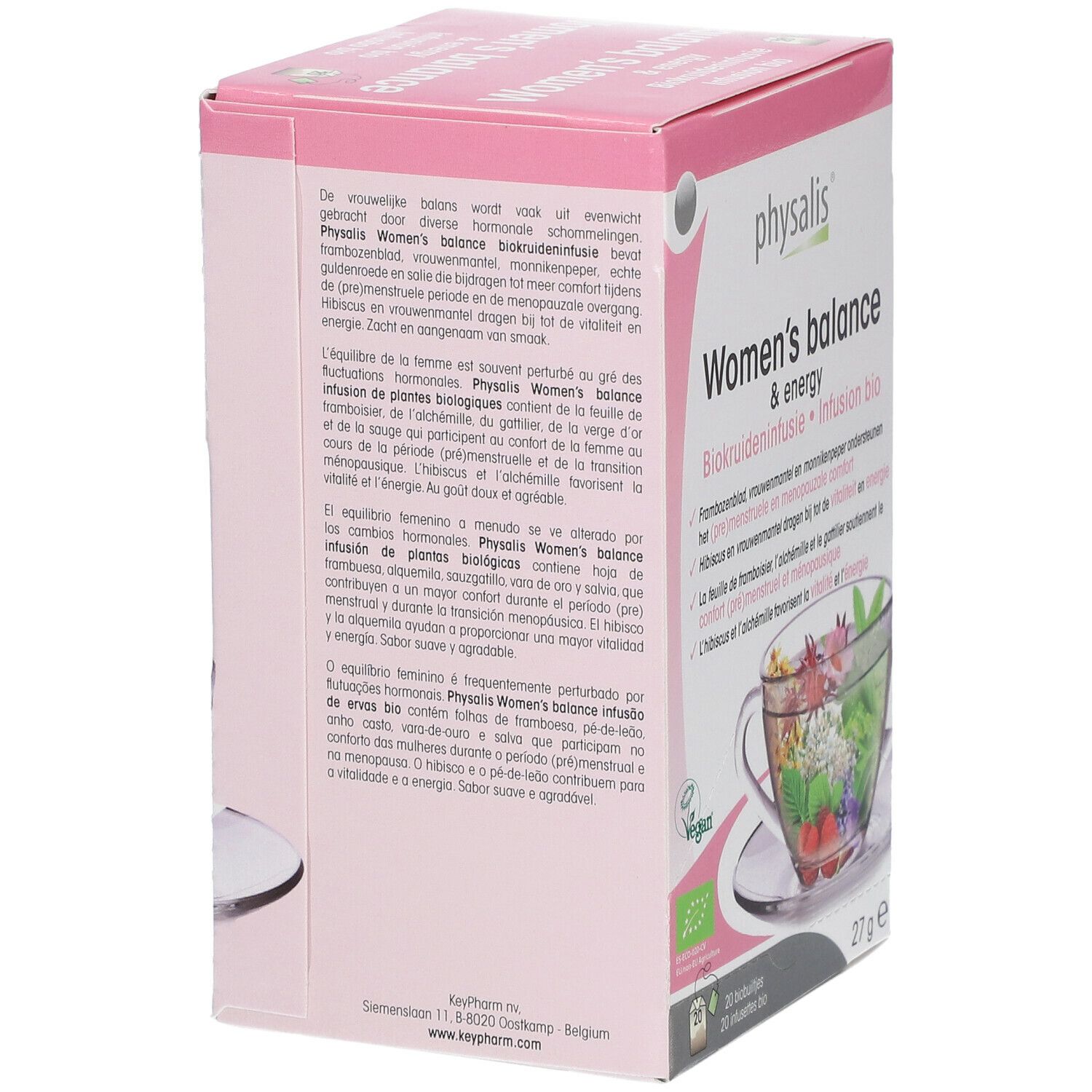 Boîte rose 'Physalis Women's balance & energy' avec texte. Dos avec texte multilingue. Label Vegan.