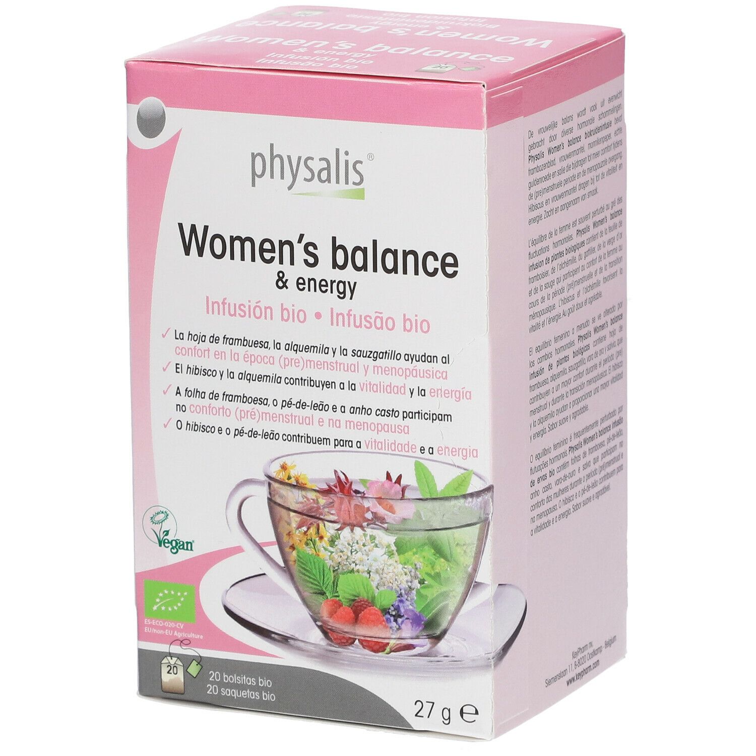 Boîte rose 'Physalis Women's balance & energy' avec texte. Contient 20 sachets, 27g. Label Vegan.