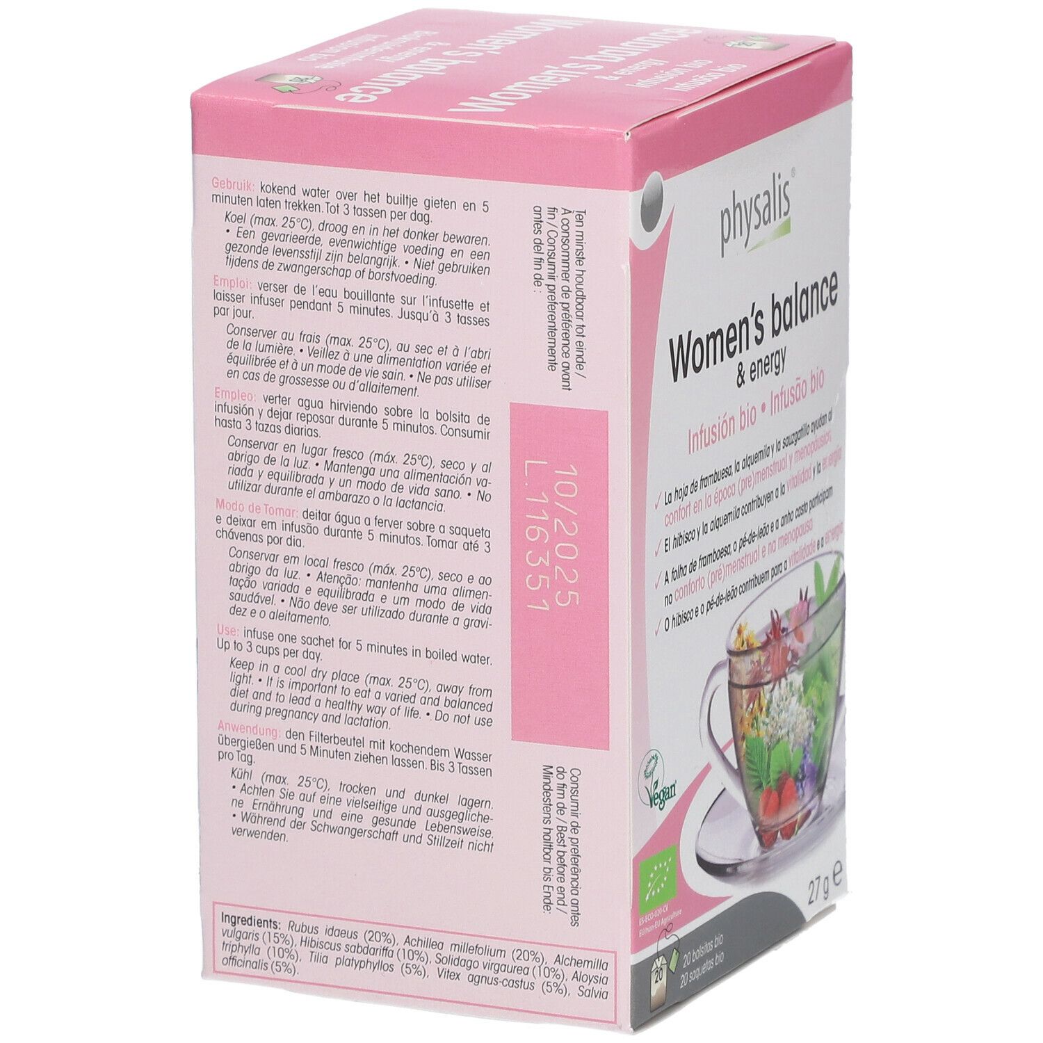 Boîte rose 'Physalis Women's balance & energy' avec texte. Contient 20 sachets, 27g. Label Vegan. Date de péremption.