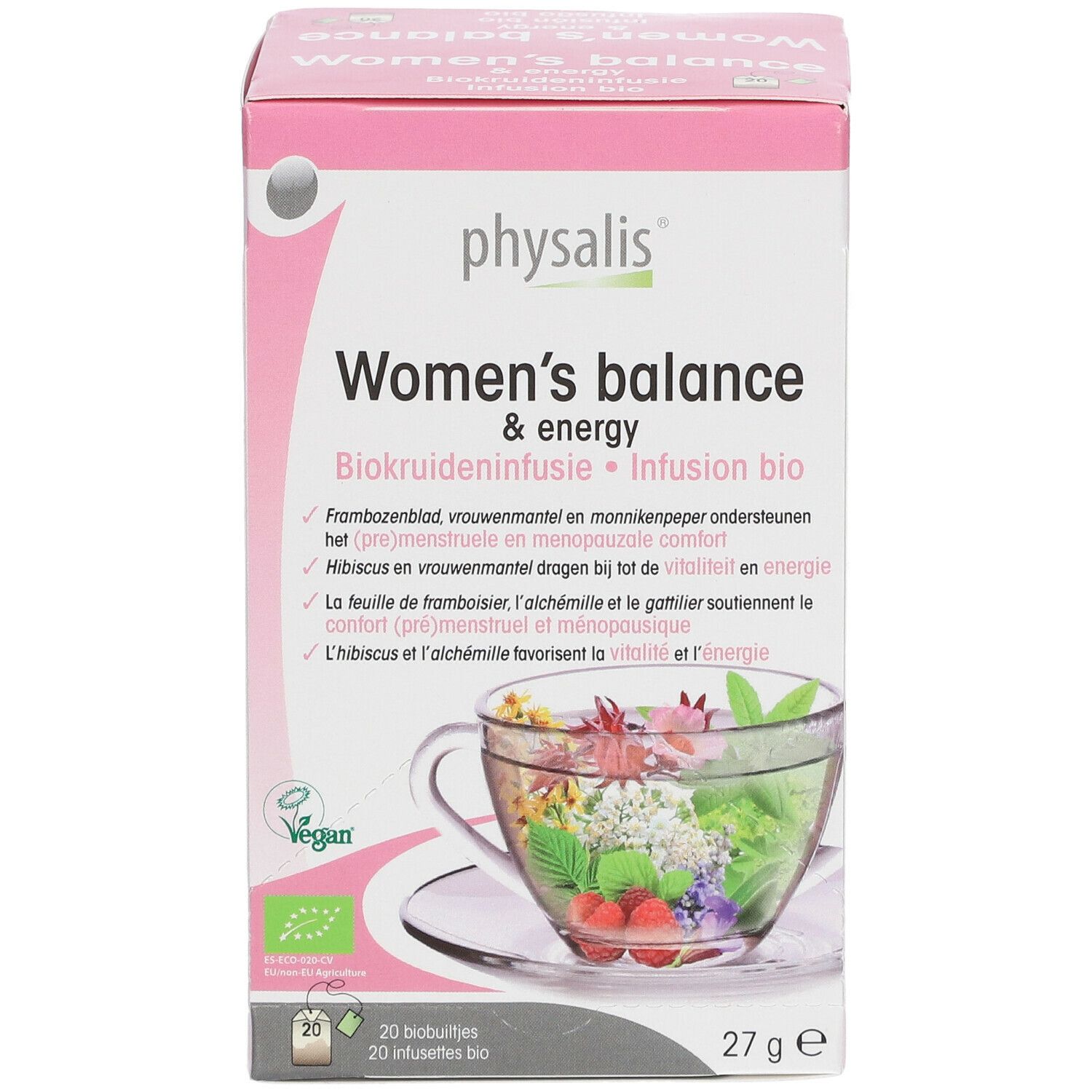 Boîte rose 'Physalis Women's balance & energy' avec texte. Contient 20 sachets, 27g. Label Vegan.