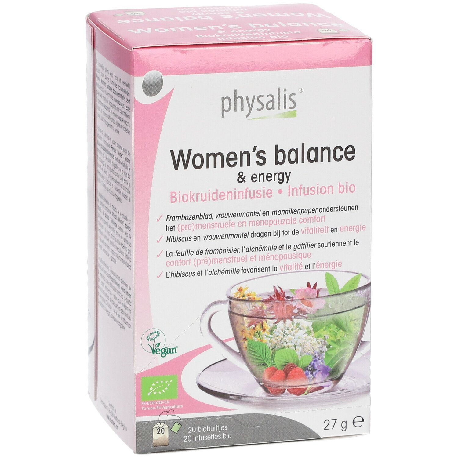 Boîte rose 'Physalis Women's balance & energy' avec texte. Contient 20 sachets, 27g. Label Vegan.