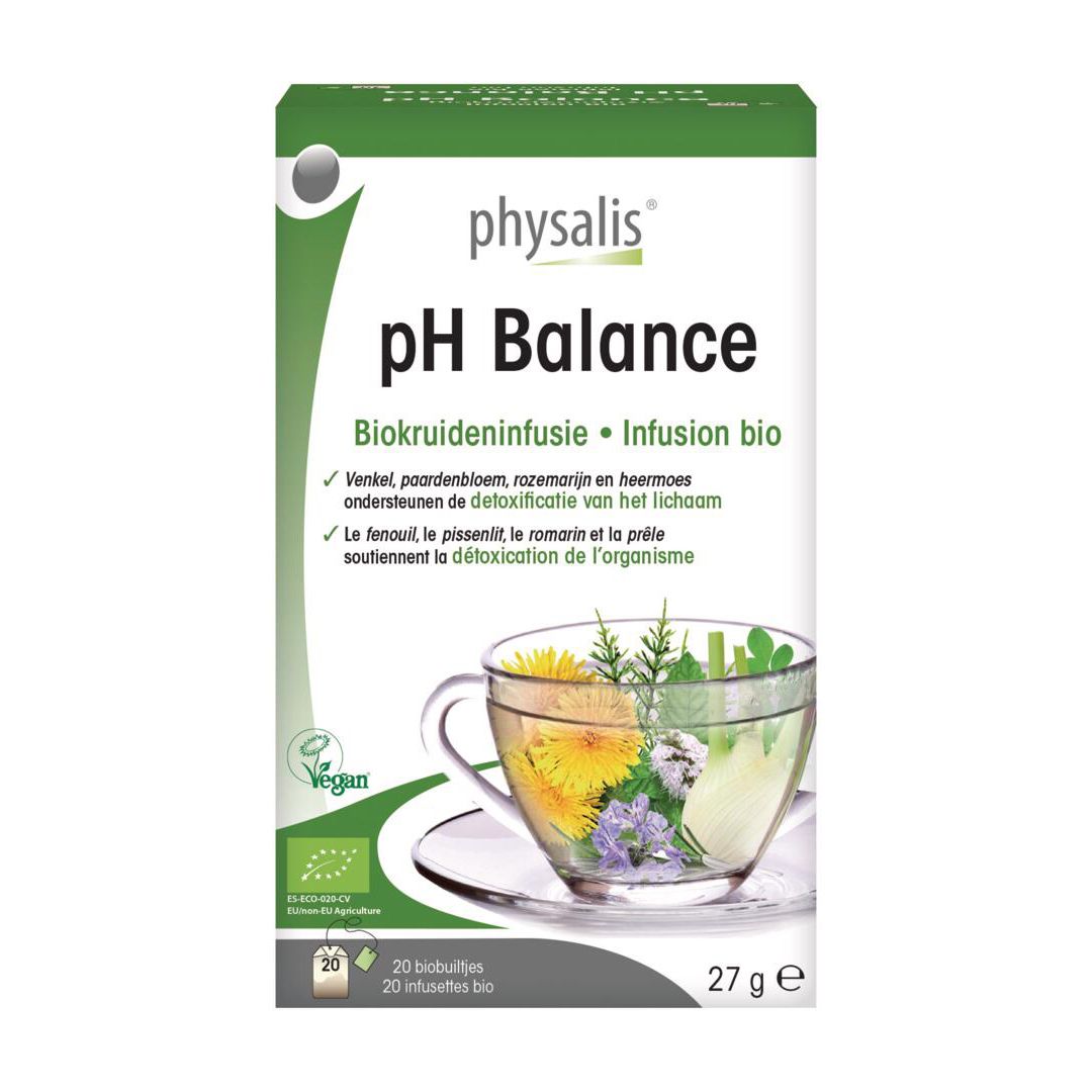 Groene doos "physalis pH Balance". Afbeelding van een kopje kruidenthee. 20 zakjes, 27g. Vegan-label.