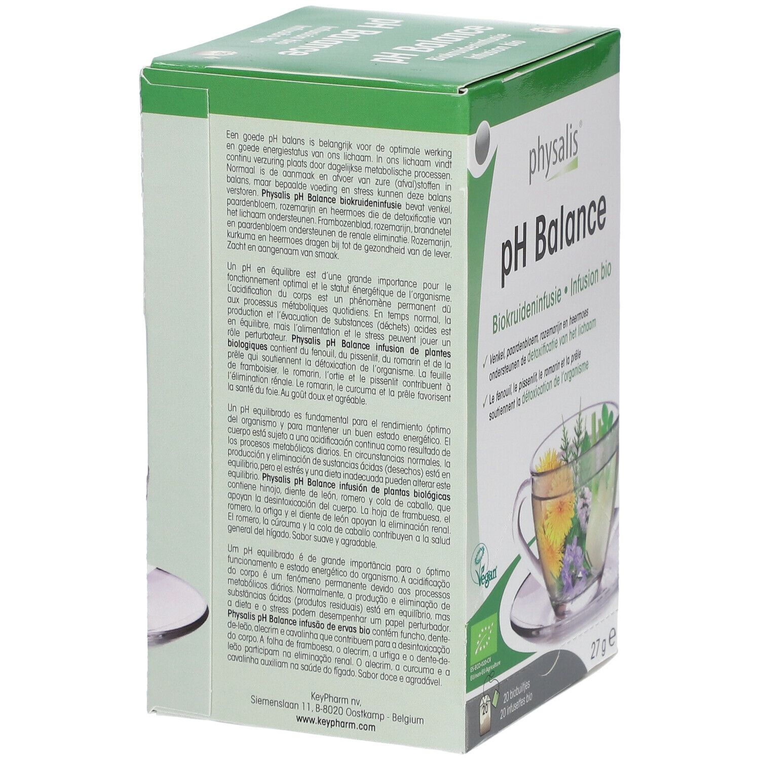 Groene doos "physalis pH Balance". Tekst in het Frans, Nederlands, Spaans en Portugees. 27g.